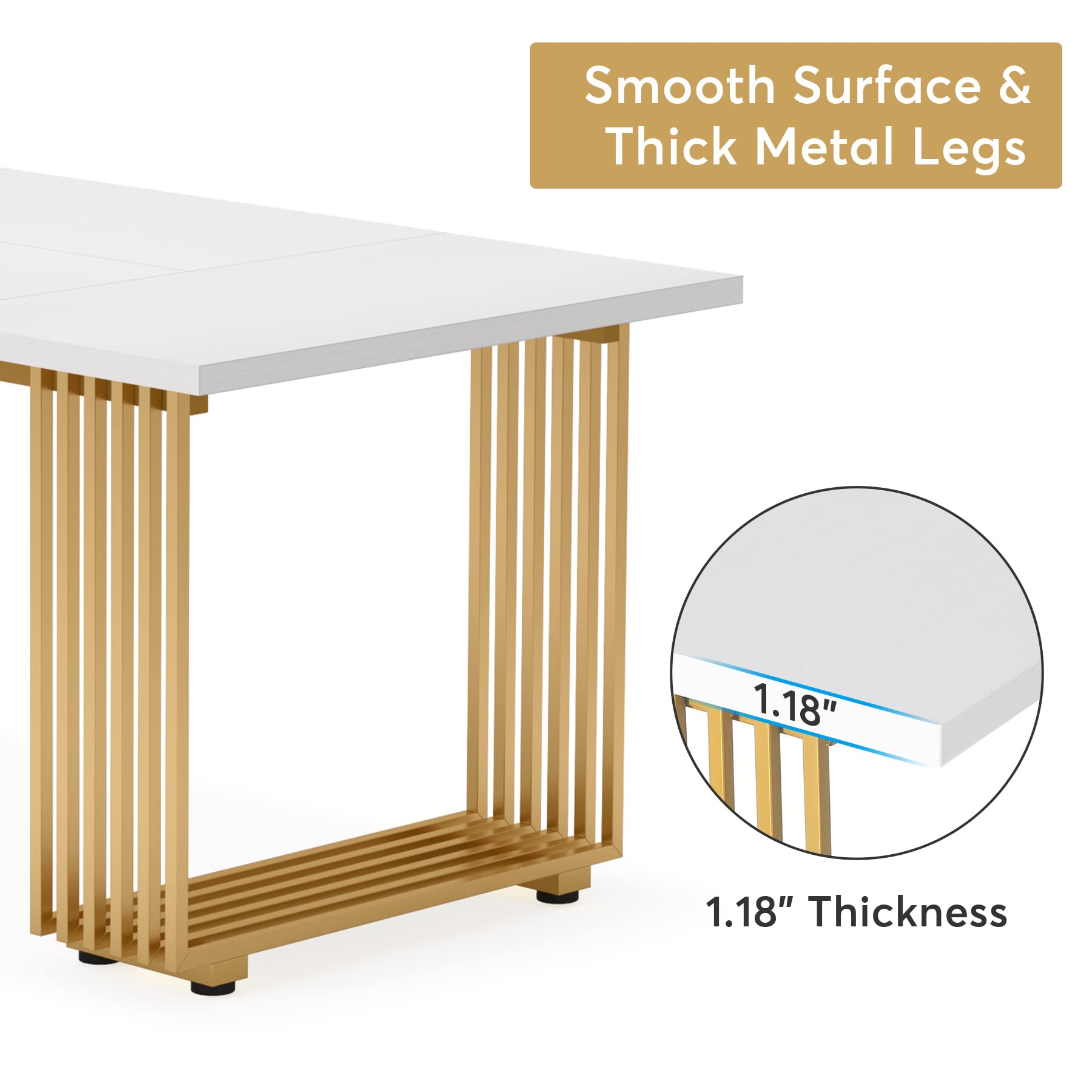 Tribesigns Modern Dining Table for 6-8 People, 70.8 Inches Long White Room Kitchen, Wood Kitchen with Gold Metal Legs, Rectangular Dinner Room, Family Gathering - Image 7