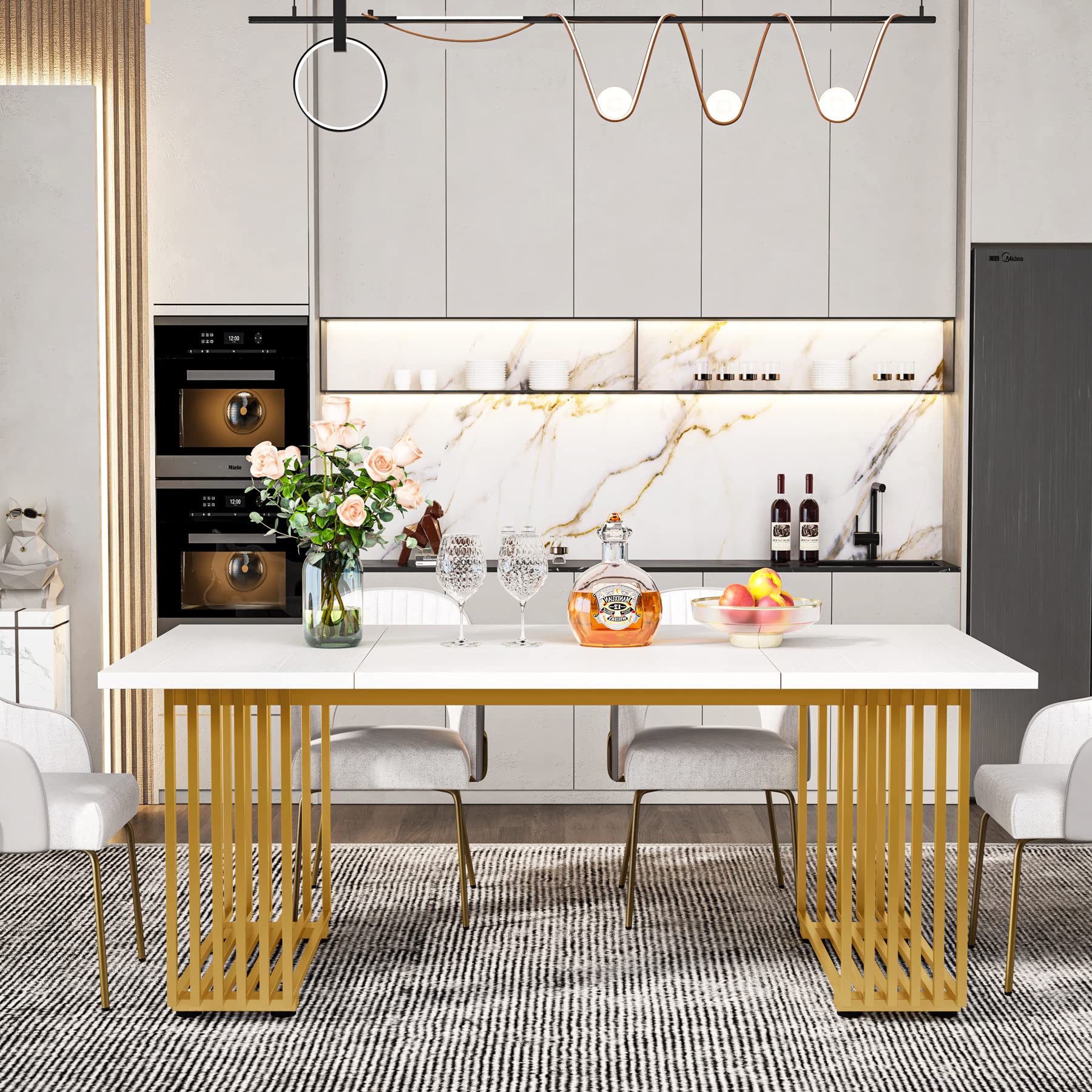 Tribesigns Modern Dining Table for 6-8 People, 70.8 Inches Long White Room Kitchen, Wood Kitchen with Gold Metal Legs, Rectangular Dinner Room, Family Gathering - Image 8