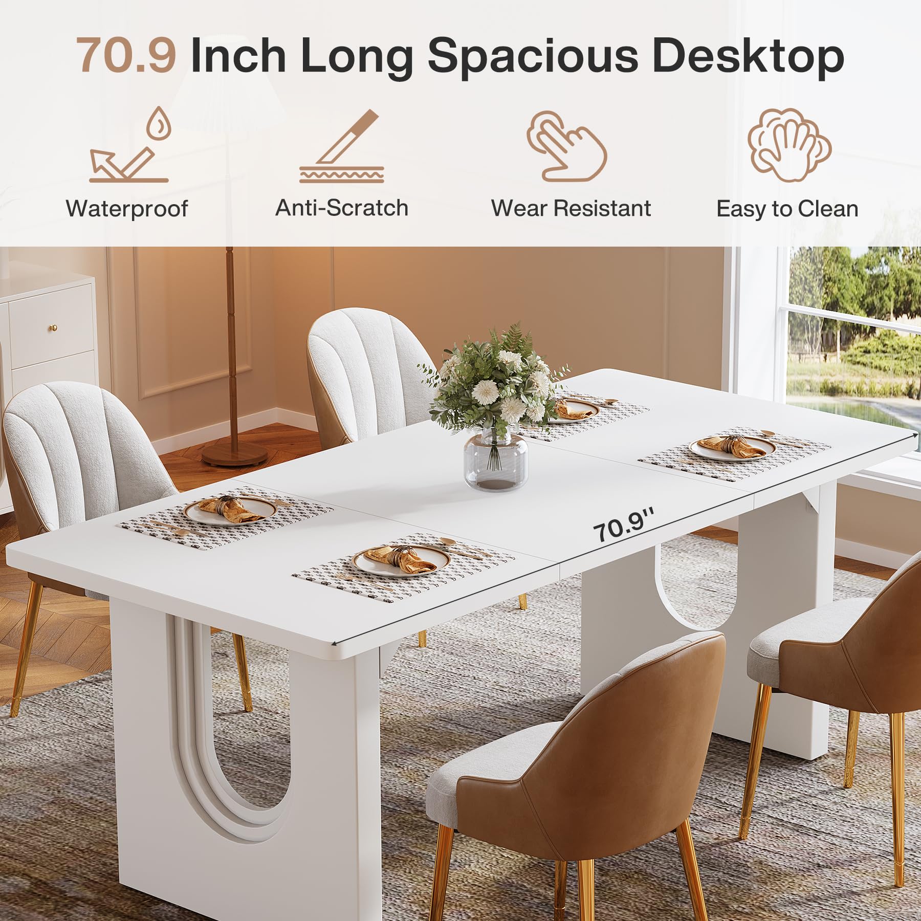 Tribesigns Modern Dining Table for 6 to 8 People, 70.9" Long Rectangular Kitchen Table with Spacious Tabletop and Sturdy Heavy Duty Legs for Dining Room, White - Image 7
