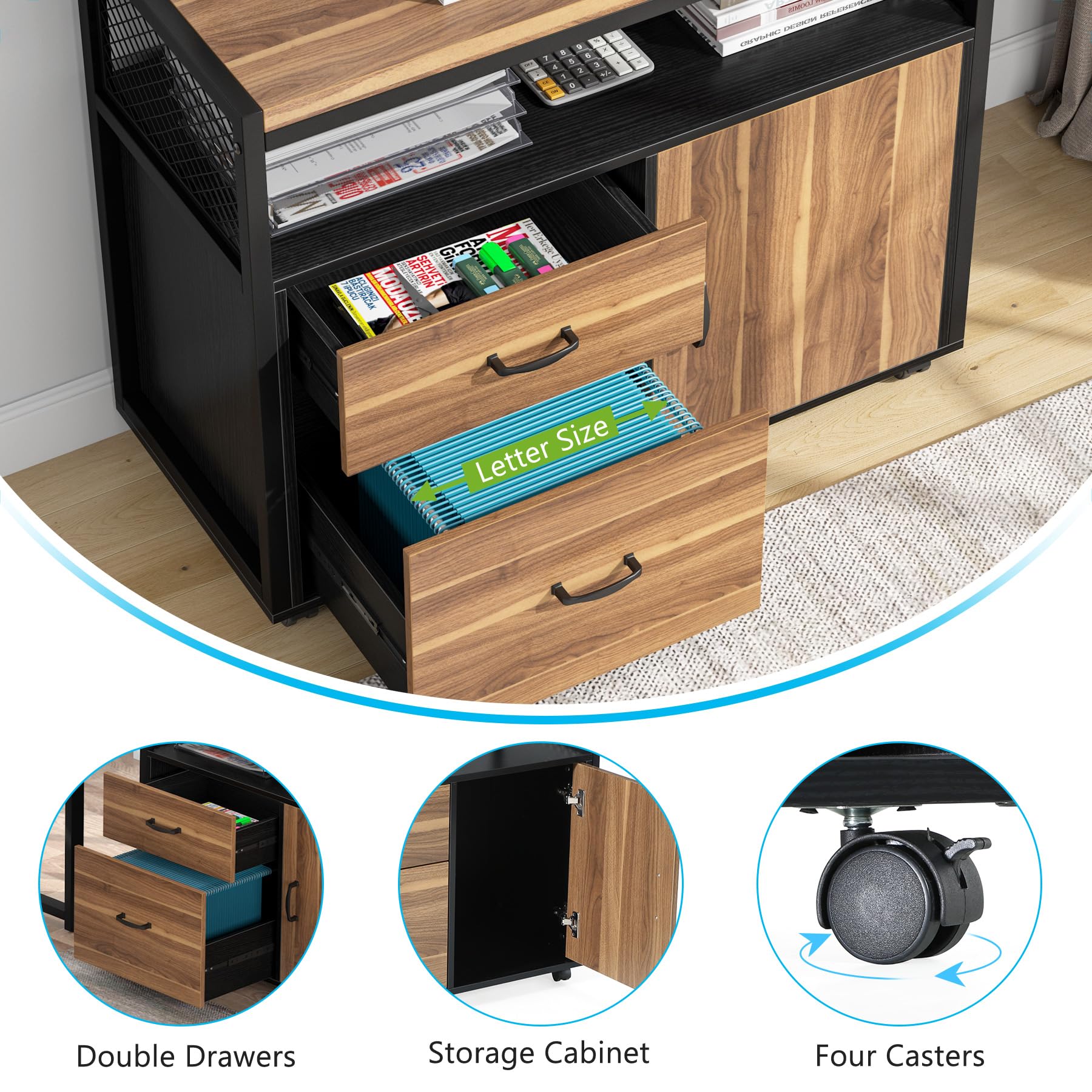 Tribesigns Modern File Cabinet with Drawers for Letter-Size, Lockable lateral Filing Cabinet Printer Stand with Door& Caster for Home Office.Desk Not Included - Image 3