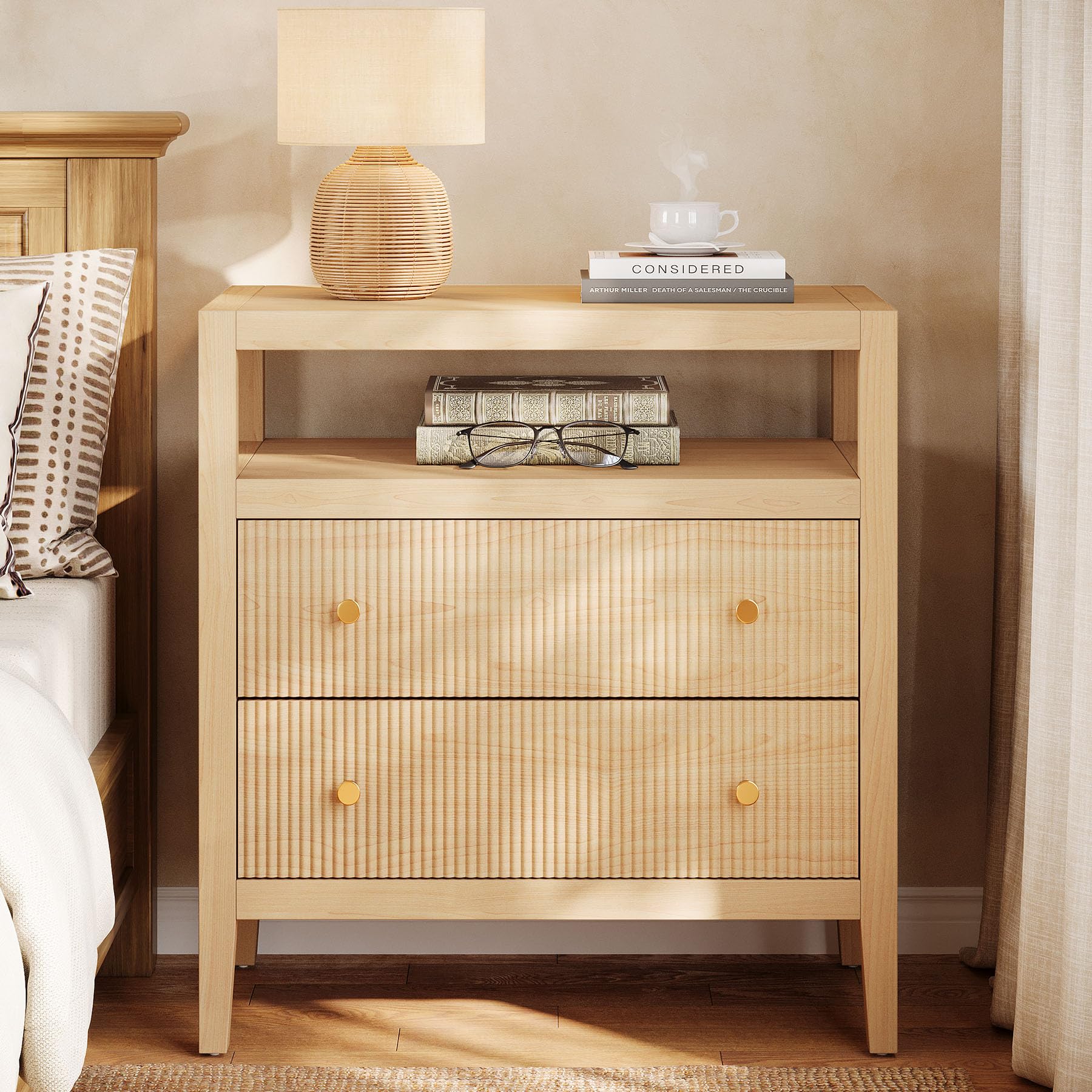 Tribesigns Modern Nightstand, 2-Drawer Nightstand with Open Storage Shelf, 29.52-Inch Wide Bedside Table Large Night Stand for Bedroom, Living Room, Oak (1) - Image 4