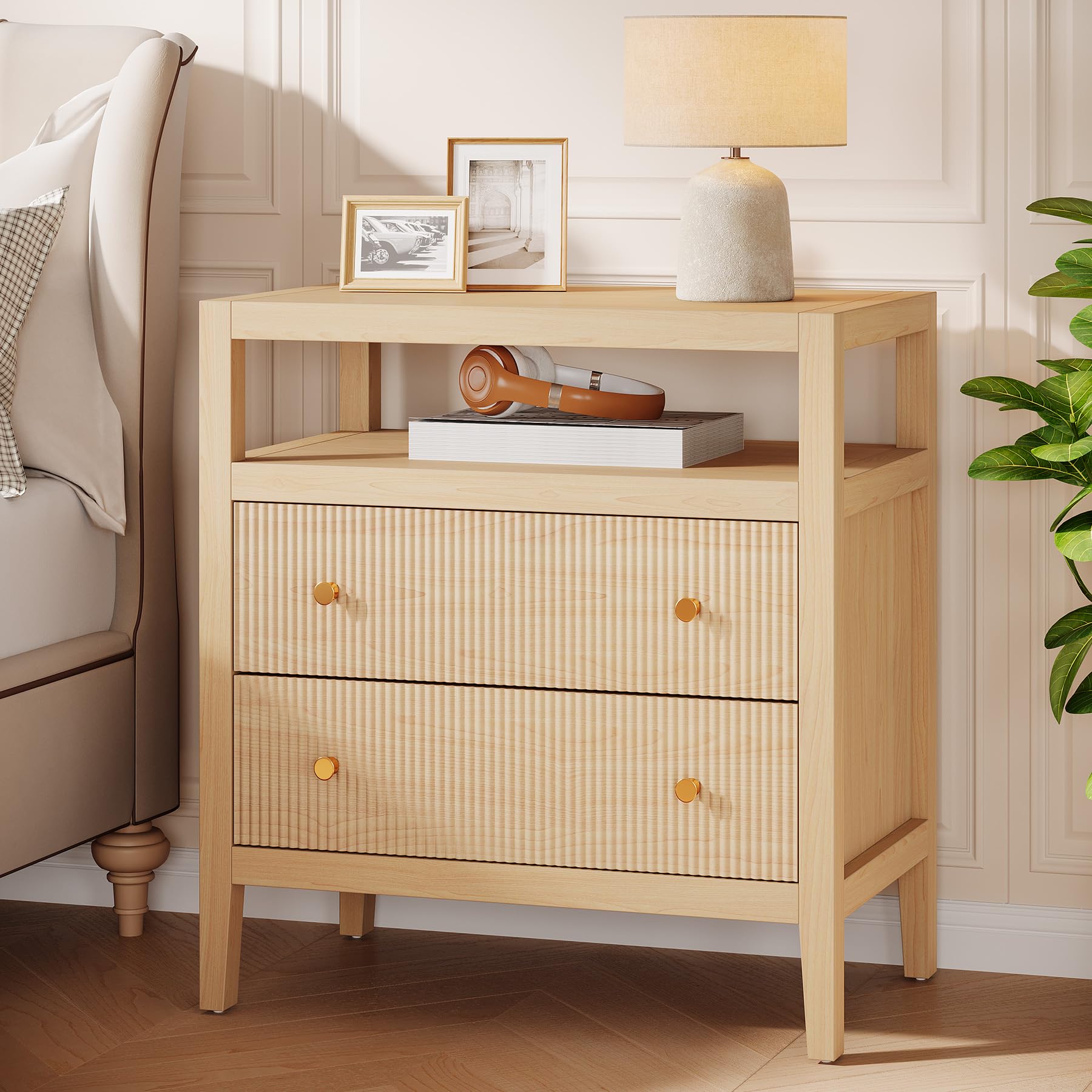 Tribesigns Modern Nightstand, 2-Drawer Nightstand with Open Storage Shelf, 29.52-Inch Wide Bedside Table Large Night Stand for Bedroom, Living Room, Oak (1) - Image 5