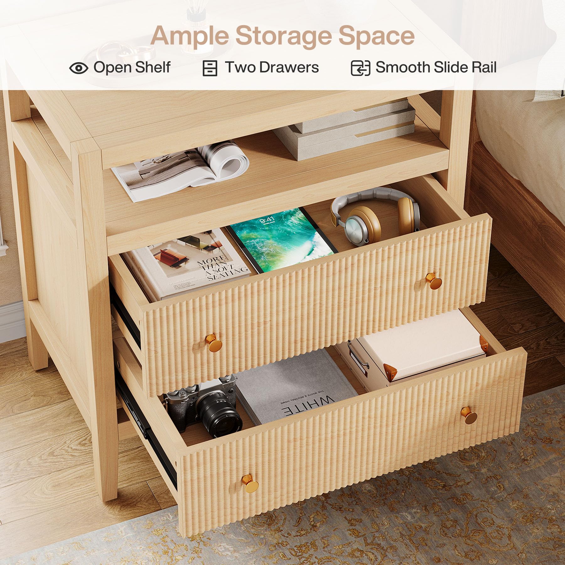 Tribesigns Modern Nightstand, 2-Drawer Nightstand with Open Storage Shelf, 29.52-Inch Wide Bedside Table Large Night Stand for Bedroom, Living Room, Oak (1) - Image 6