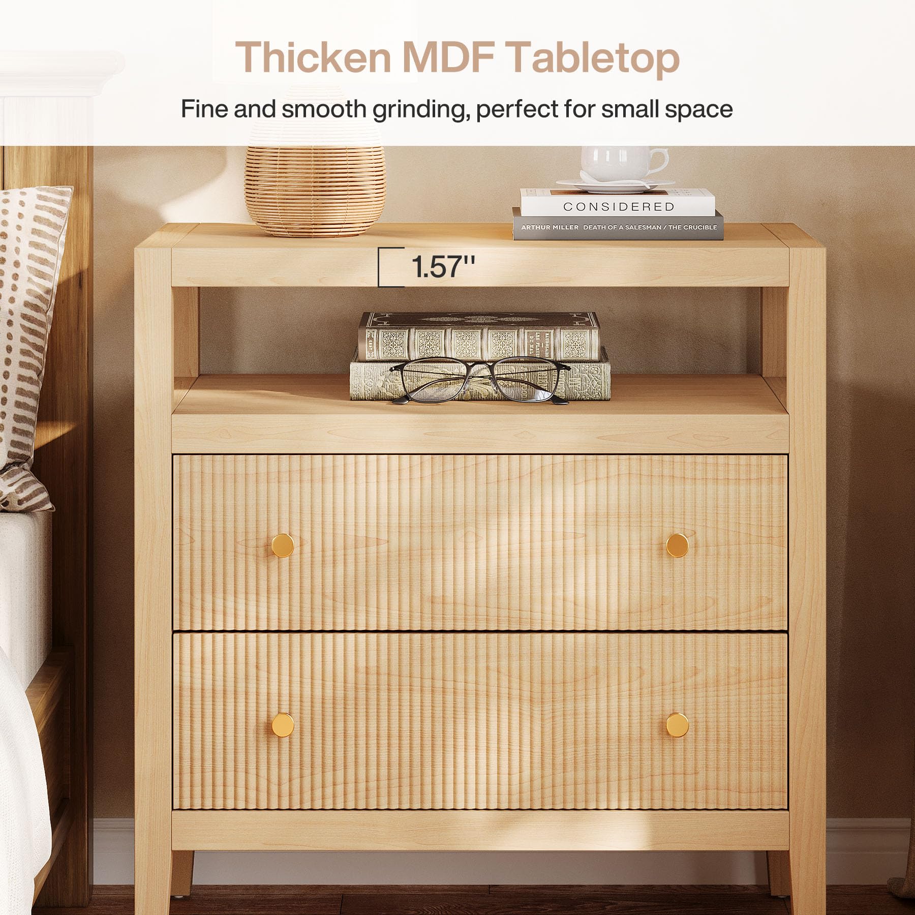 Tribesigns Modern Nightstand, 2-Drawer Nightstand with Open Storage Shelf, 29.52-Inch Wide Bedside Table Large Night Stand for Bedroom, Living Room, Oak (1) - Image 7