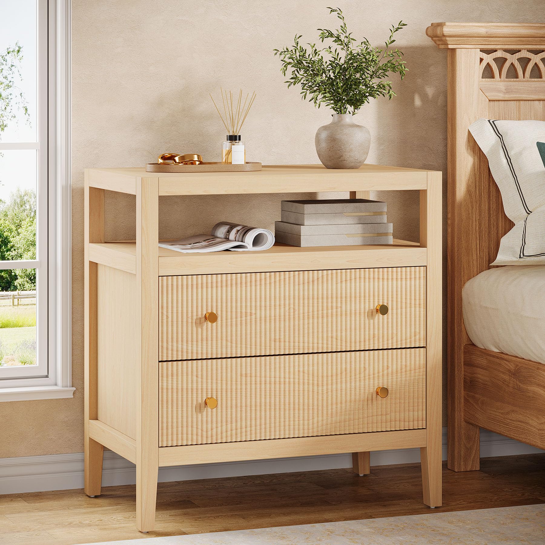 Tribesigns Modern Nightstand, 2-Drawer Nightstand with Open Storage Shelf, 29.52-Inch Wide Bedside Table Large Night Stand for Bedroom, Living Room, Oak (1) - Image 8
