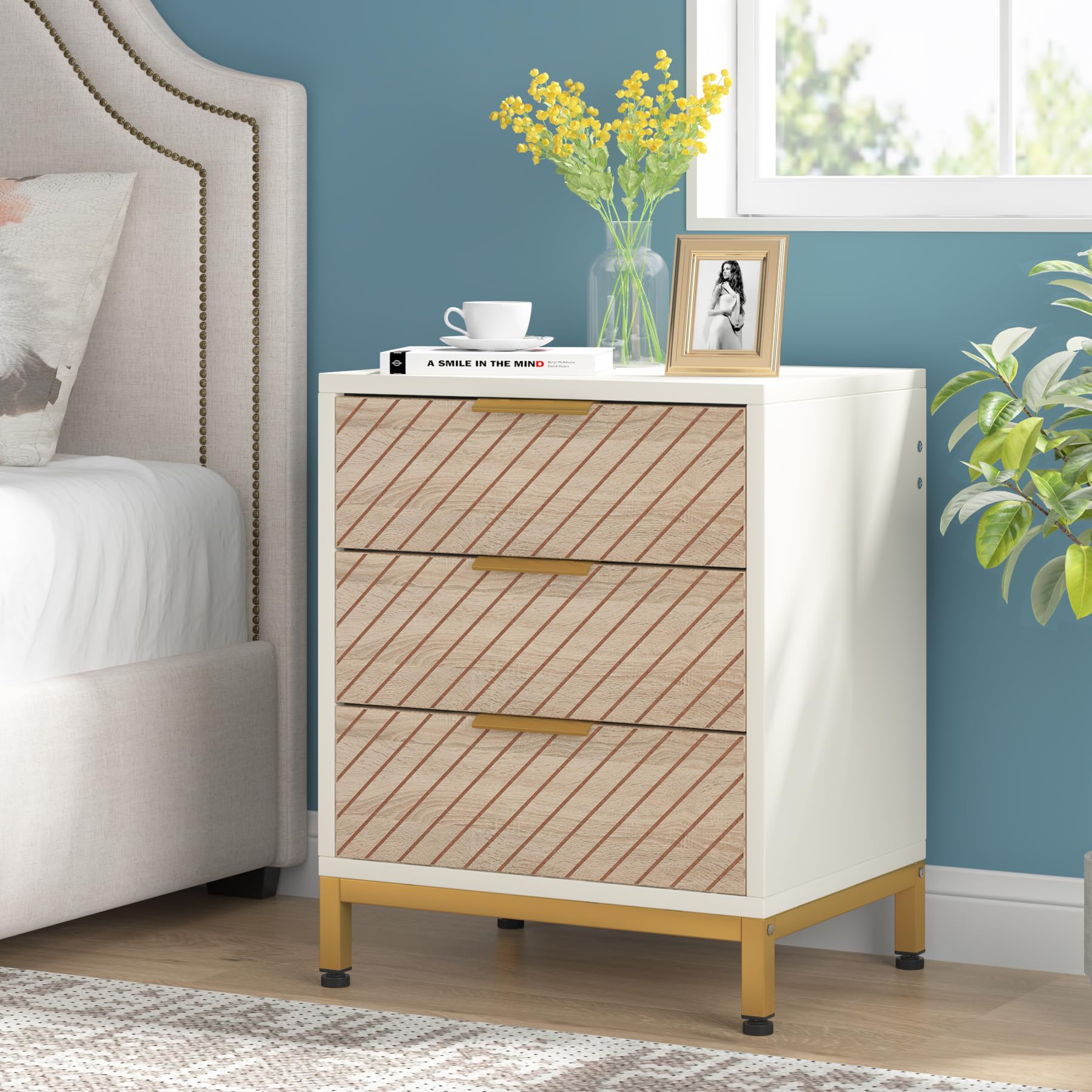 Tribesigns Night Stands for Bedrooms, White and Gold Light Wood Grain Nightstands with 3 Drawers Bedside End Tables Storage for Bedroom - Image 3