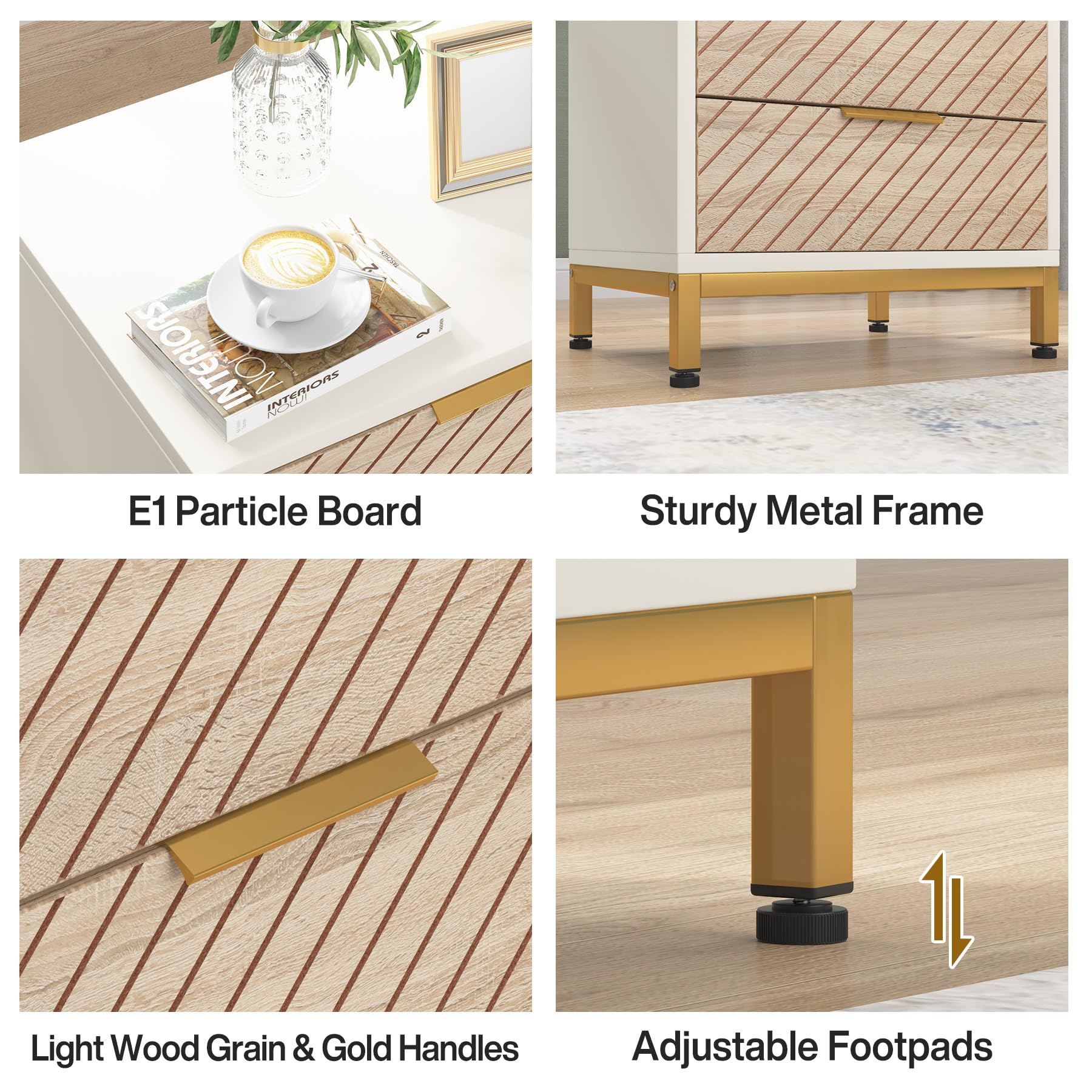 Tribesigns Night Stands for Bedrooms, White and Gold Light Wood Grain Nightstands with 3 Drawers Bedside End Tables Storage for Bedroom - Image 4