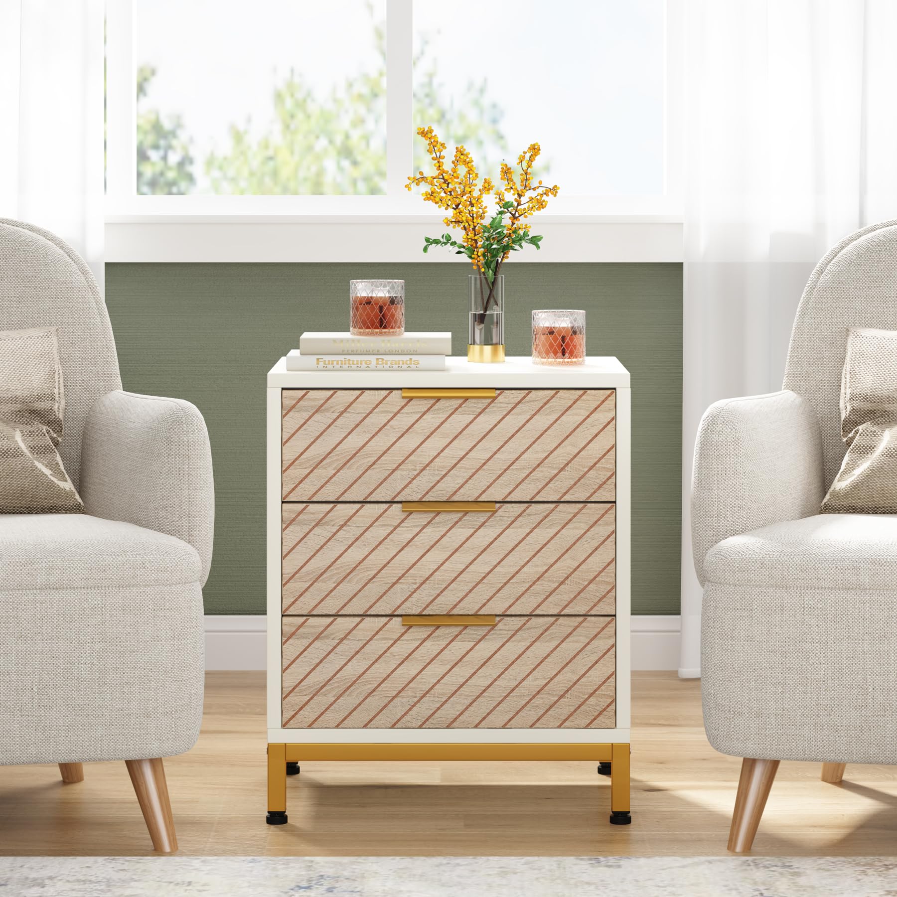 Tribesigns Night Stands for Bedrooms, White and Gold Light Wood Grain Nightstands with 3 Drawers Bedside End Tables Storage for Bedroom - Image 7