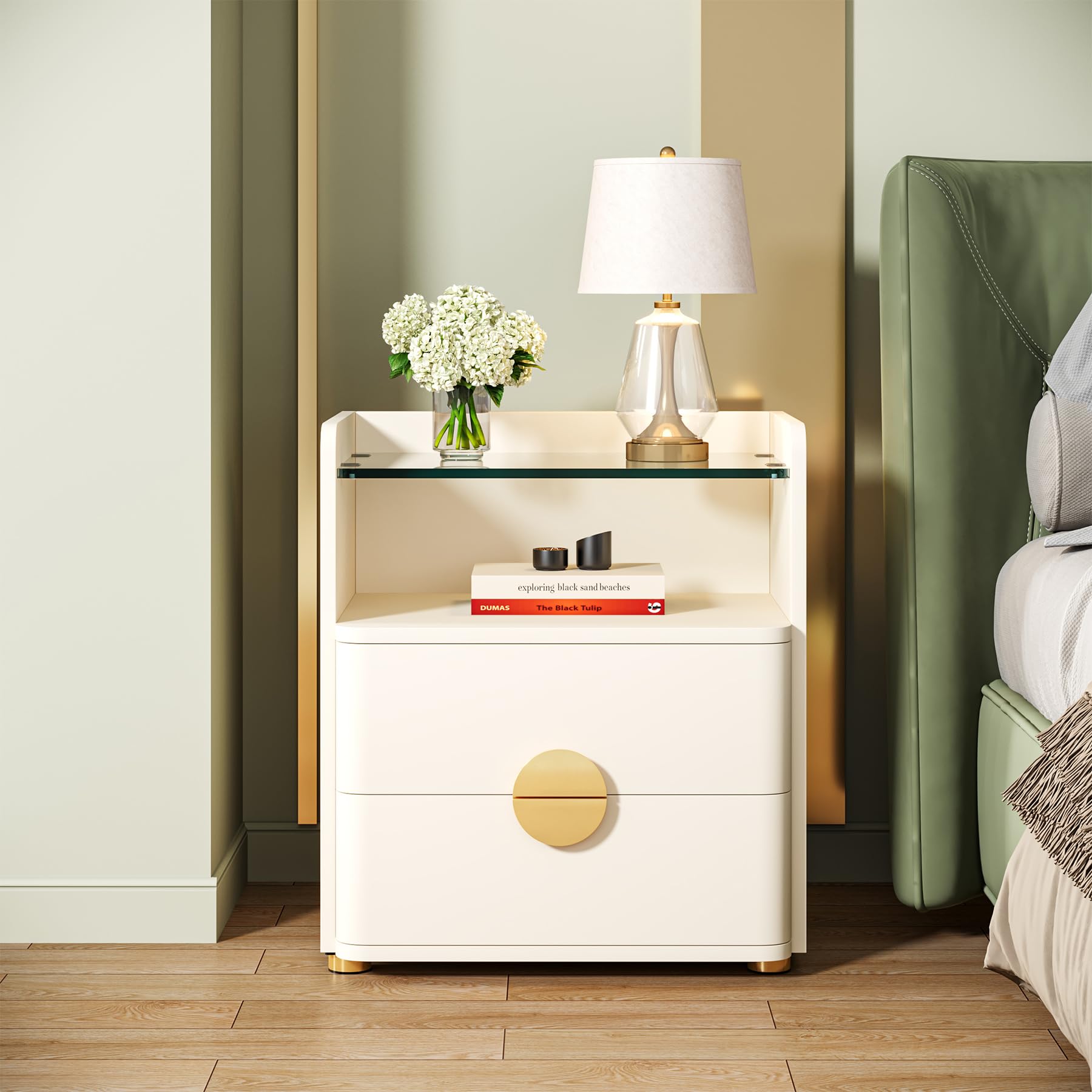 Tribesigns Nightstand with 2 Drawers, Modern Nightstand with Open Storage Shelf, White Bed Side Table for Bedroom, Tempered Glasses End Side Sofa Table for Living Room - Image 3