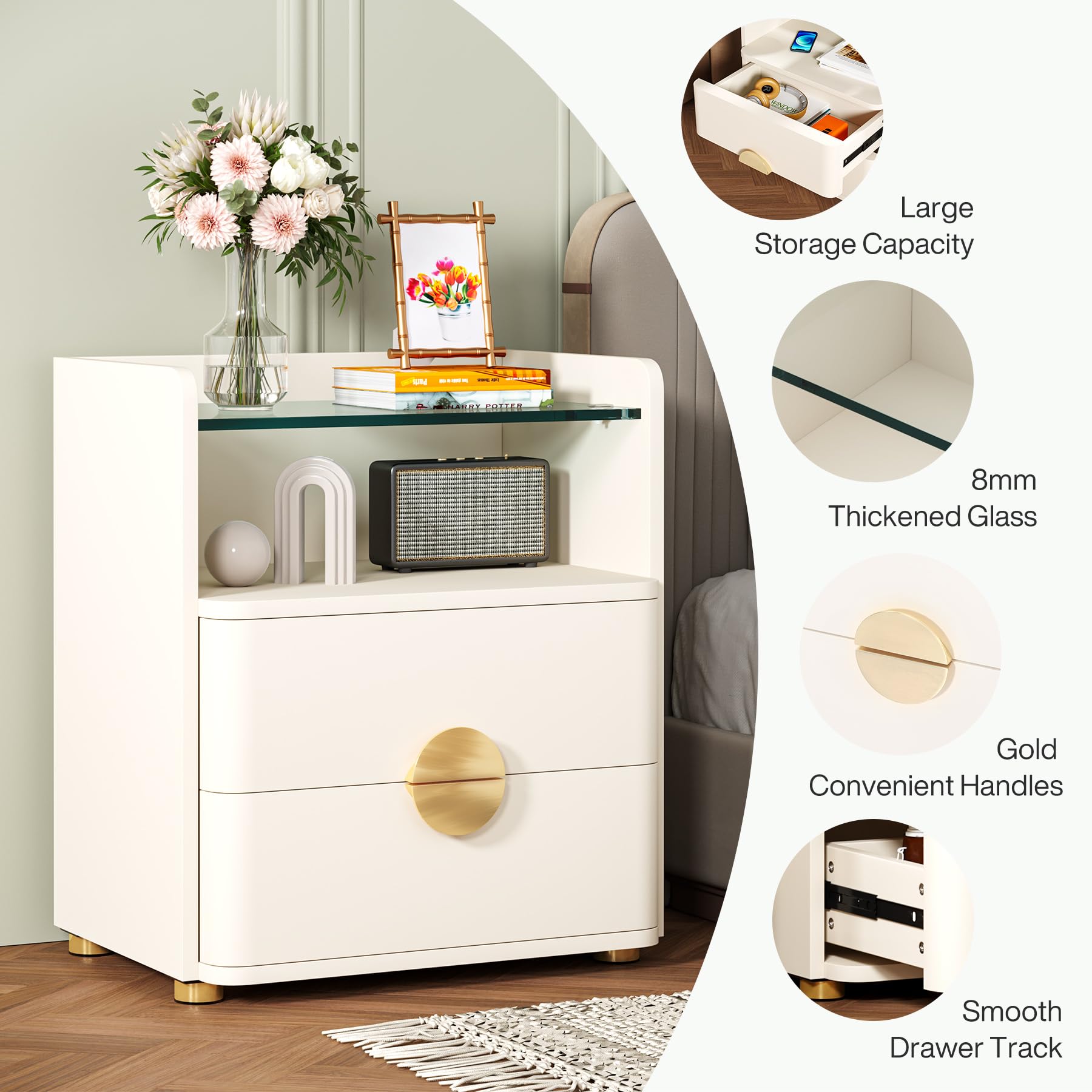Tribesigns Nightstand with 2 Drawers, Modern Nightstand with Open Storage Shelf, White Bed Side Table for Bedroom, Tempered Glasses End Side Sofa Table for Living Room - Image 7