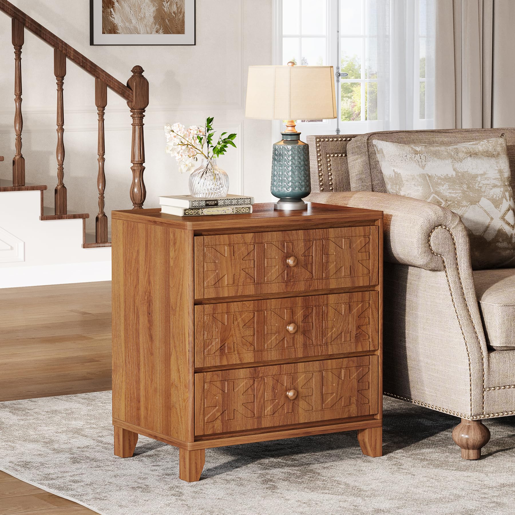 Tribesigns Nightstand with 3 Drawers, Farmhouse Bedside Table with Elegant Patterns, Industrial Night Stand End Table for Bedroom, Brown - Image 3