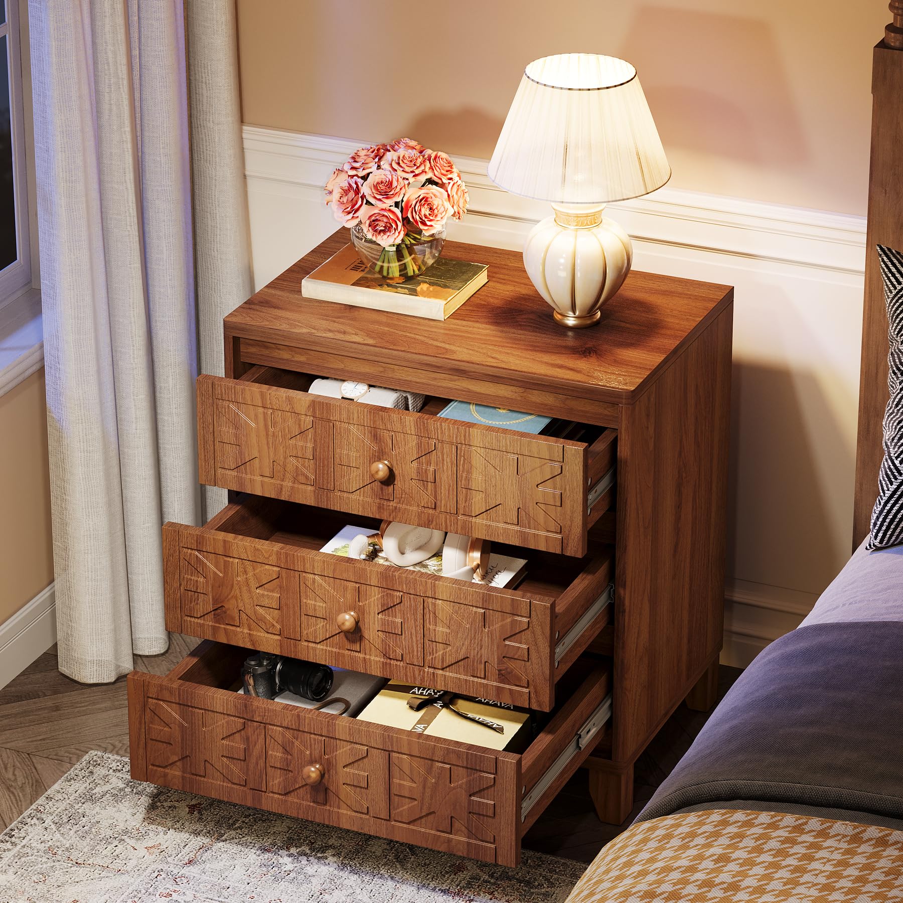 Tribesigns Nightstand with 3 Drawers, Farmhouse Bedside Table with Elegant Patterns, Industrial Night Stand End Table for Bedroom, Brown - Image 4