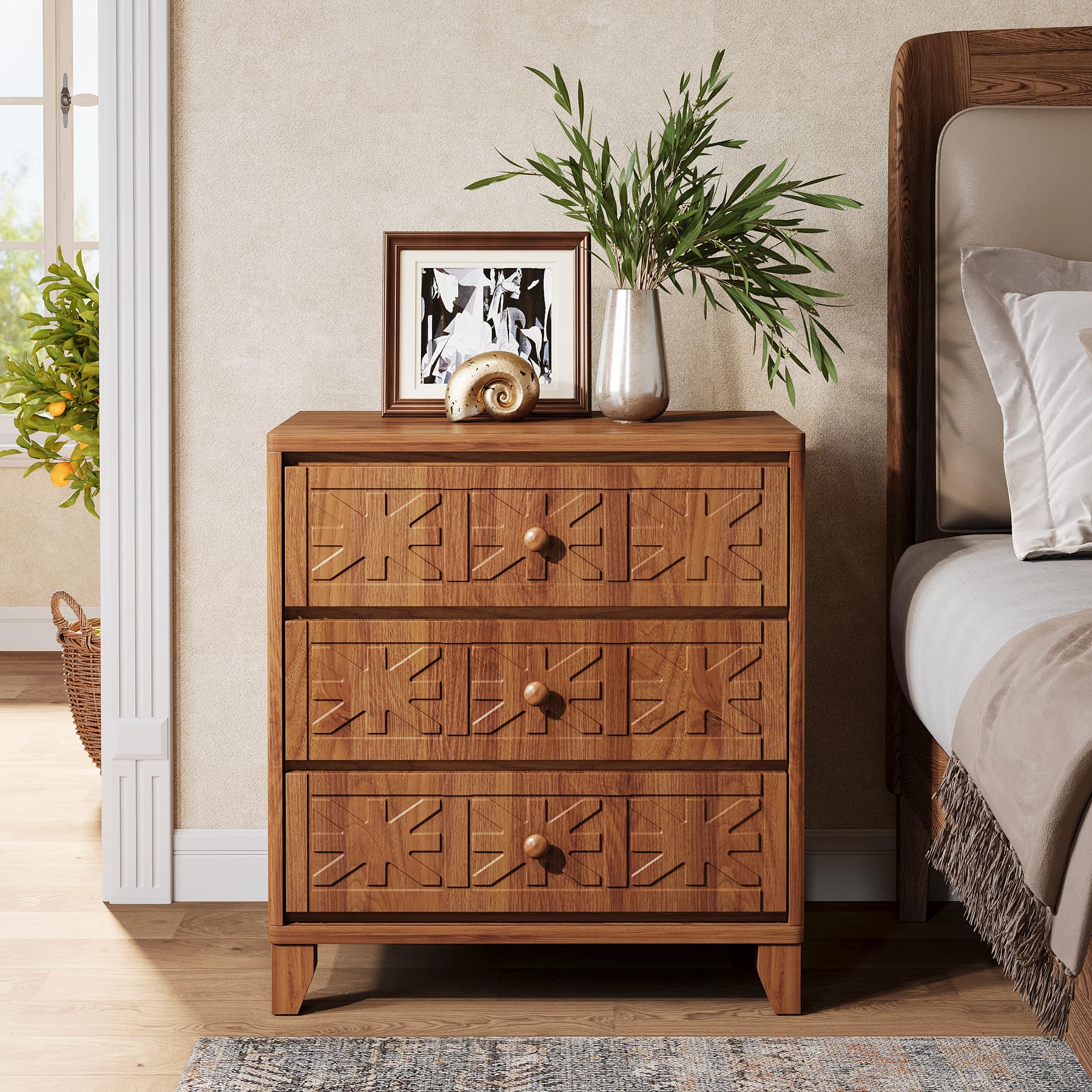 Tribesigns Nightstand with 3 Drawers, Farmhouse Bedside Table with Elegant Patterns, Industrial Night Stand End Table for Bedroom, Brown - Image 5