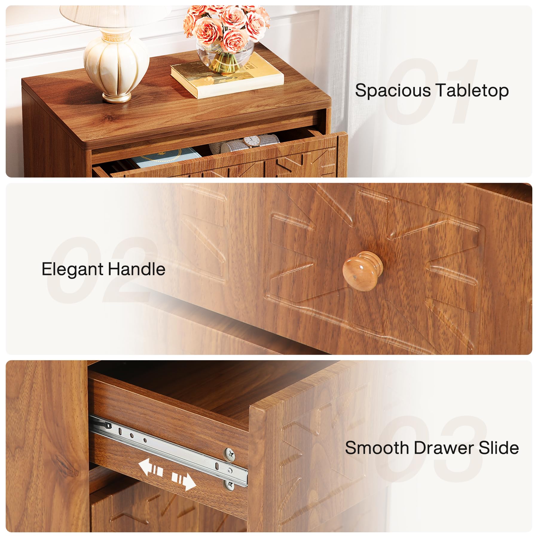Tribesigns Nightstand with 3 Drawers, Farmhouse Bedside Table with Elegant Patterns, Industrial Night Stand End Table for Bedroom, Brown - Image 7