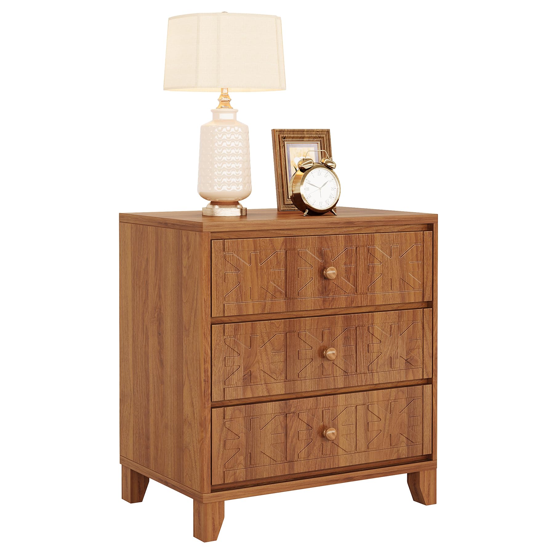 Tribesigns Nightstand with 3 Drawers, Farmhouse Bedside Table with Elegant Patterns, Industrial Night Stand End Table for Bedroom, Brown - Image 8