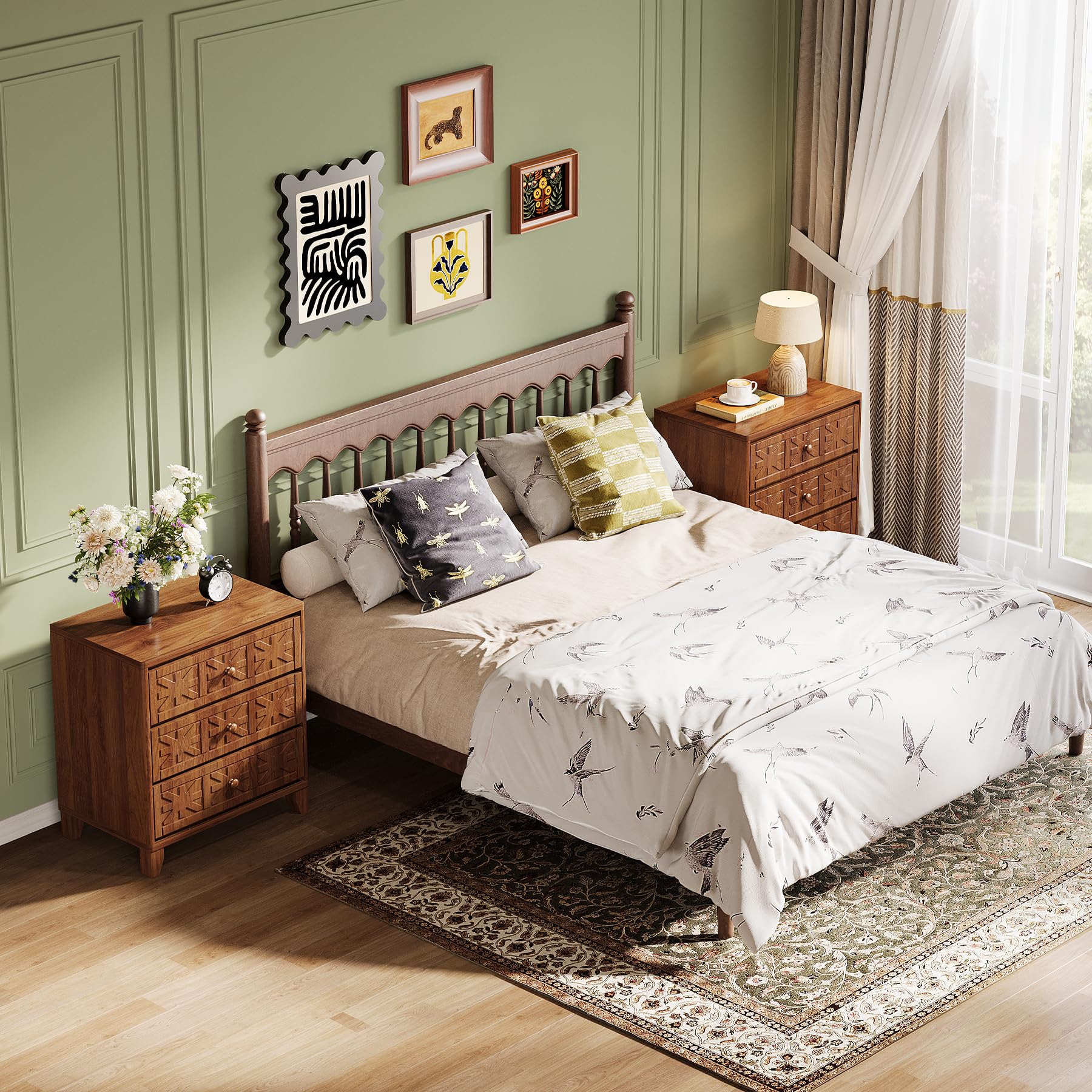 Tribesigns Nightstand with 3 Drawers, Farmhouse Bedside Table with Elegant Patterns, Industrial Night Stand End Table for Bedroom, Brown - Image 9