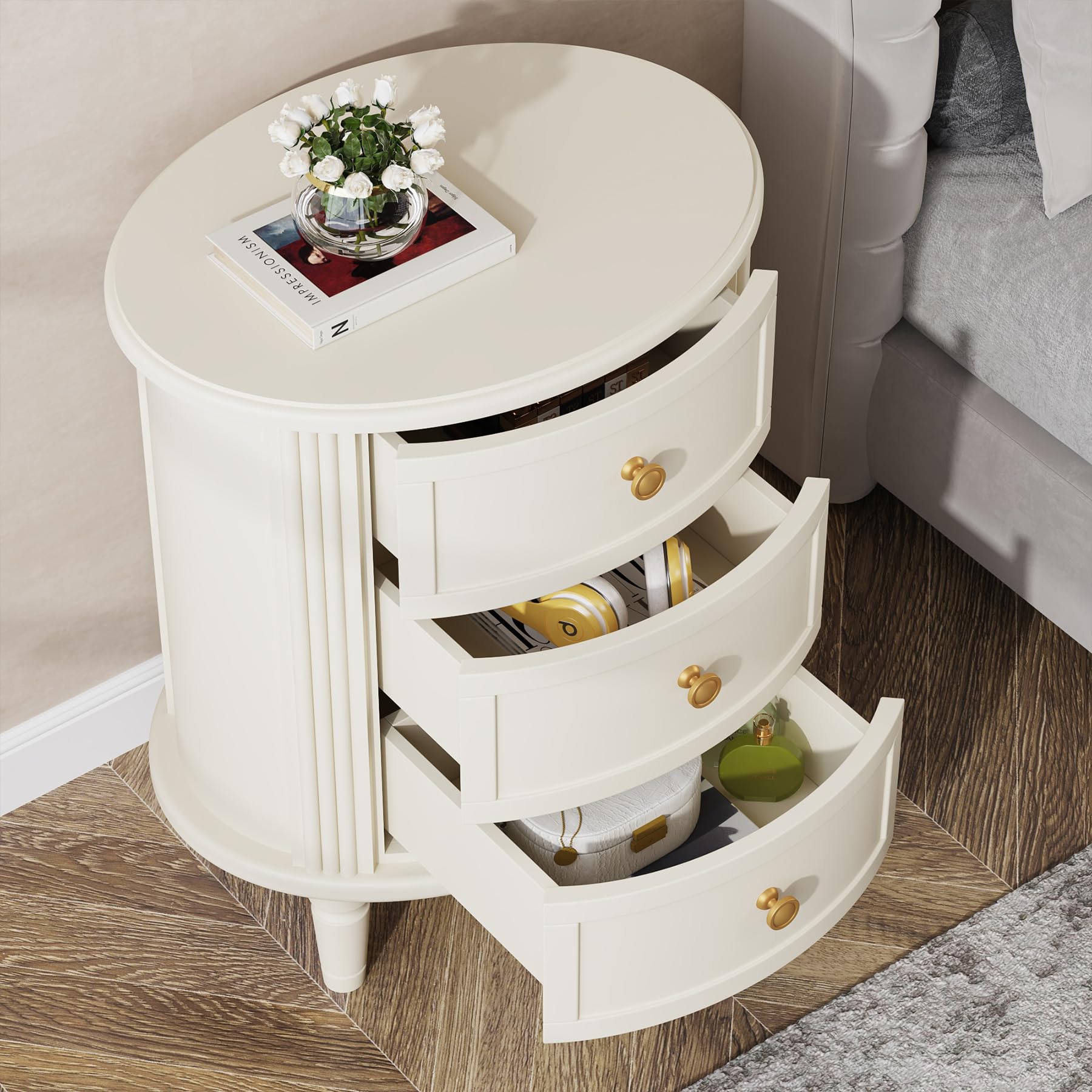 Tribesigns Nightstand with 3 Drawers, Oval Bed Side Table for Bedroom, Fully Assembled, Farmhouse Night Stand with Storage, Wooden Side End Table with Solid Wood Legs for Living Room, Beige White - Image 3