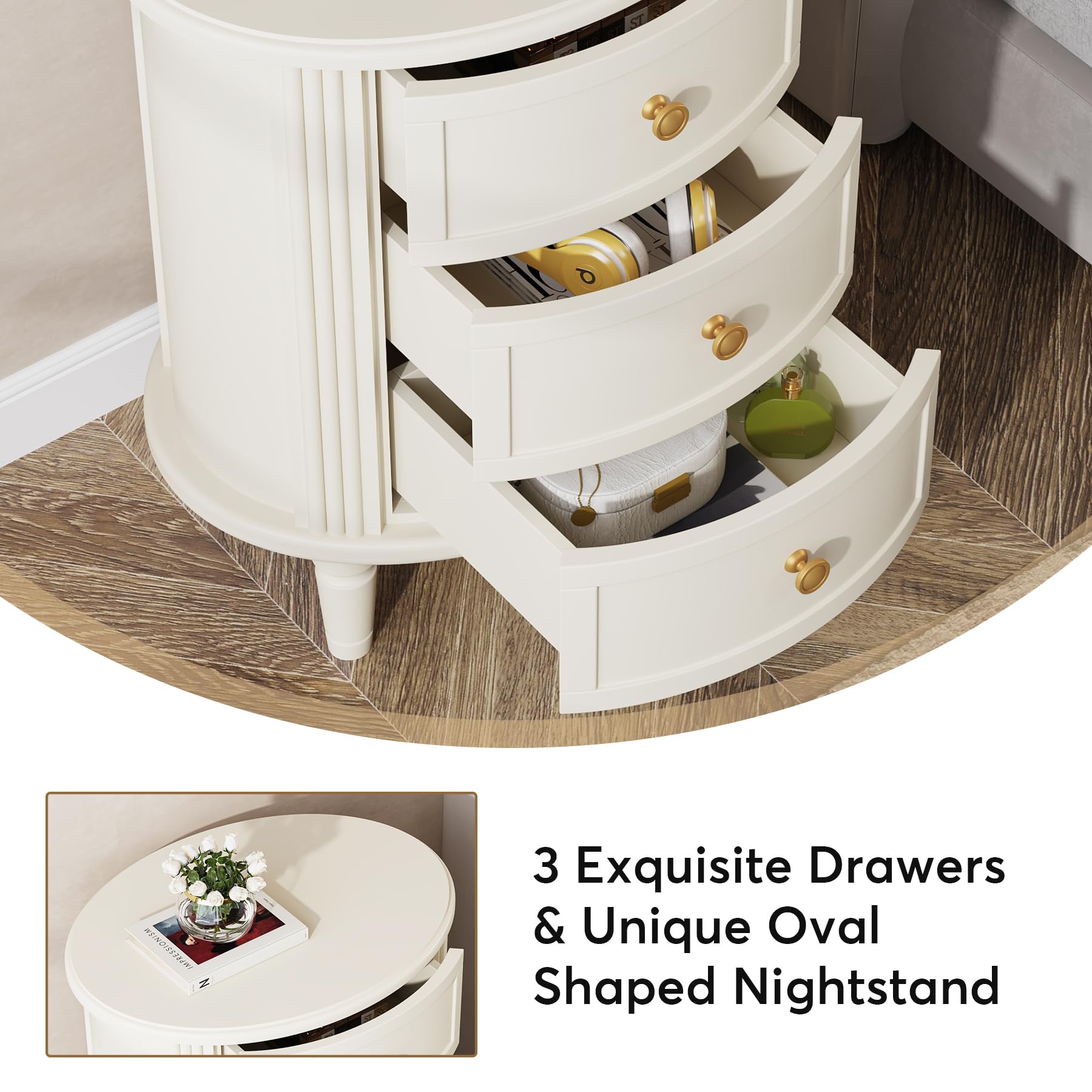 Tribesigns Nightstand with 3 Drawers, Oval Bed Side Table for Bedroom, Fully Assembled, Farmhouse Night Stand with Storage, Wooden Side End Table with Solid Wood Legs for Living Room, Beige White - Image 6