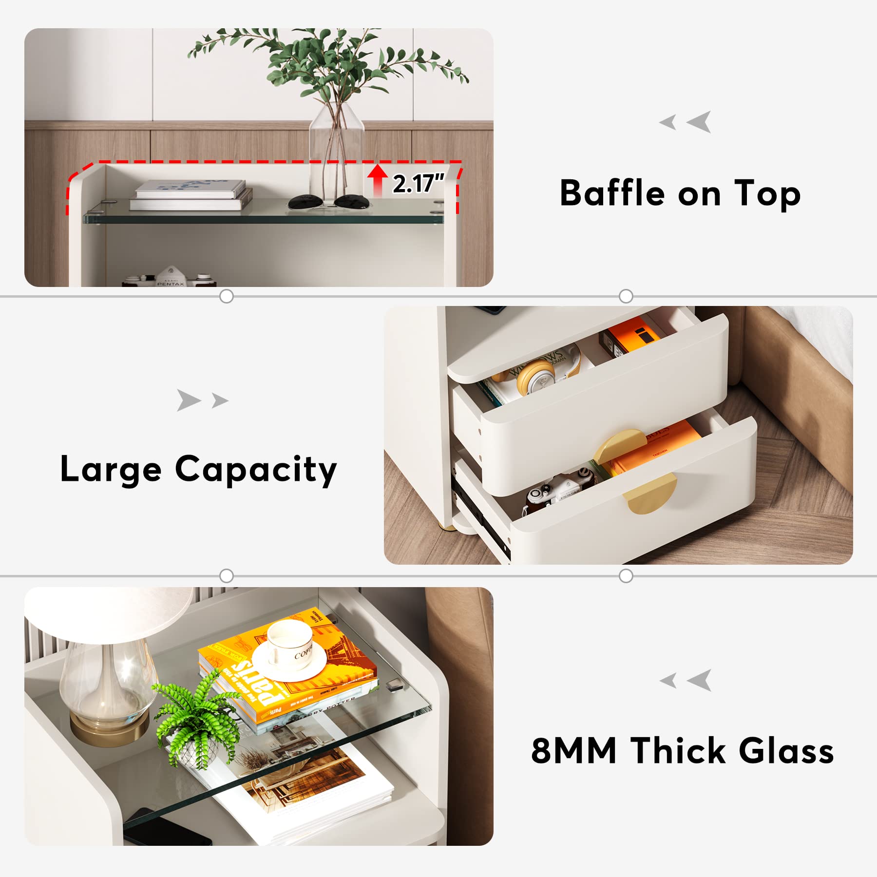 Tribesigns Nightstands, 2-Drawer Modern Night Stand with Open Storage Space, Wood Bed Side Table for Bedroom, Tempered Glasses End Table with Gold Round Metal Legs for Living Room, Easy Assembly - Image 5