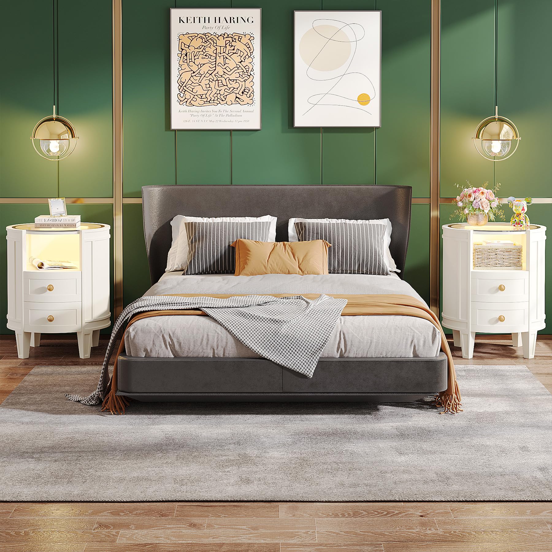 Tribesigns Oval Nightstand No Assembly, 2-Drawer LED Nightstands with Glass Tabletop,Modern White Round Night Stand Side Table for Bedroom - Image 7