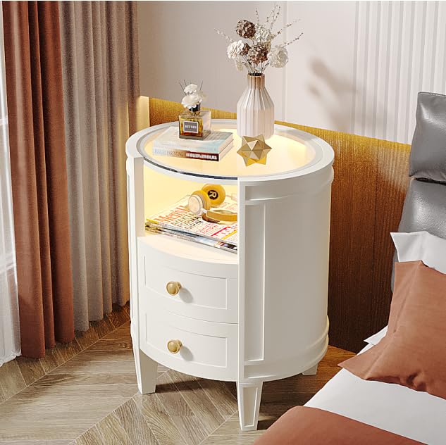 Tribesigns Oval Nightstand No Assembly, 2-Drawer LED Nightstands with Glass Tabletop,Modern White Round Night Stand Side Table for Bedroom - Image 9