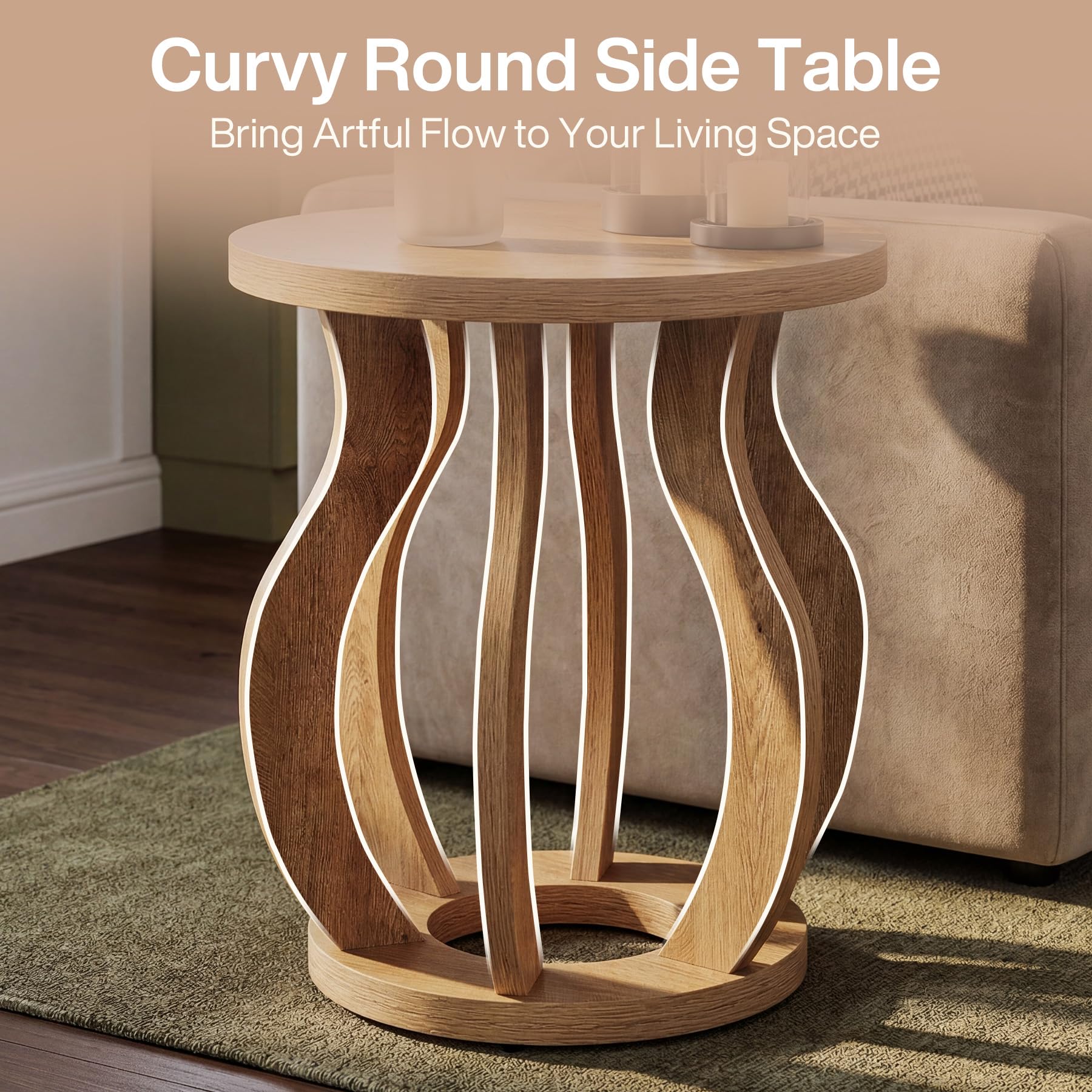 Tribesigns Round End Side Table: Farmhouse Wooden Side Table for Living Room, Bedside Nightstand with Curved Frame, Accent Nightstand for Bedroom, Small Spaces, Brown(1PC) - Image 4