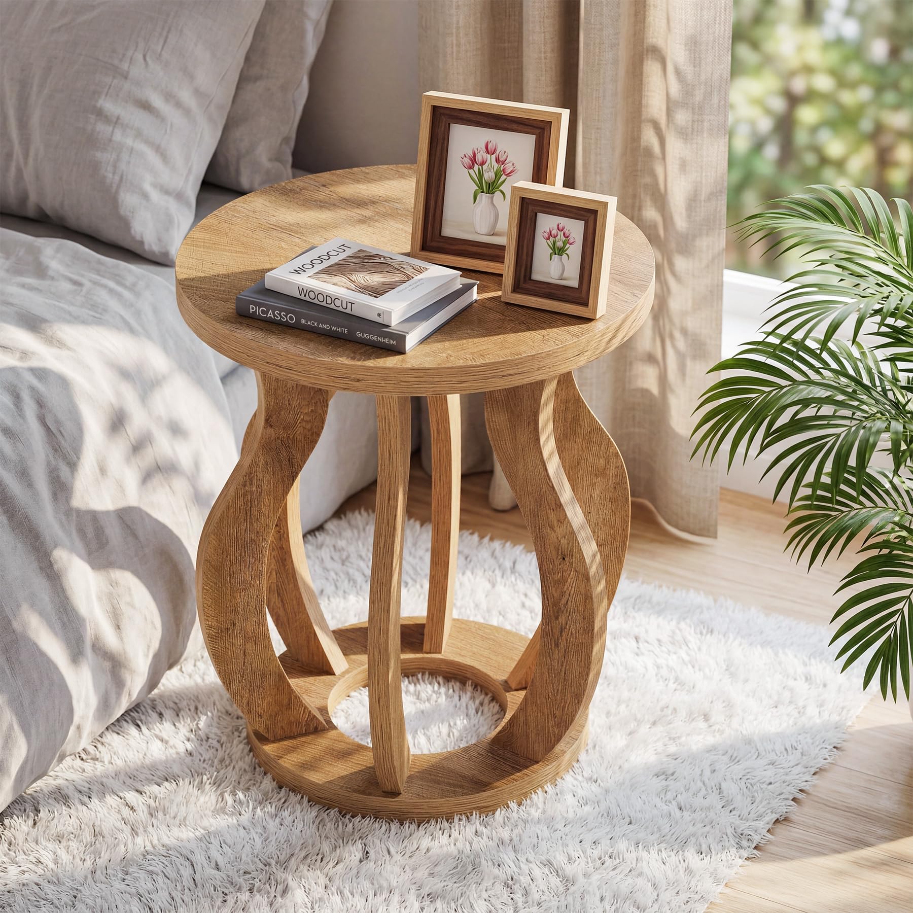 Tribesigns Round End Side Table: Farmhouse Wooden Side Table for Living Room, Bedside Nightstand with Curved Frame, Accent Nightstand for Bedroom, Small Spaces, Brown(1PC) - Image 5