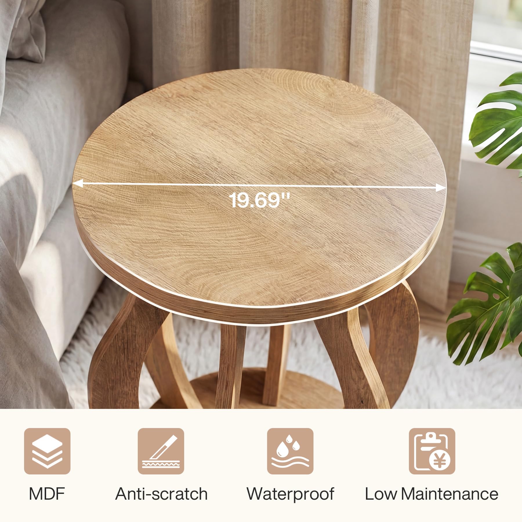 Tribesigns Round End Side Table: Farmhouse Wooden Side Table for Living Room, Bedside Nightstand with Curved Frame, Accent Nightstand for Bedroom, Small Spaces, Brown(1PC) - Image 6