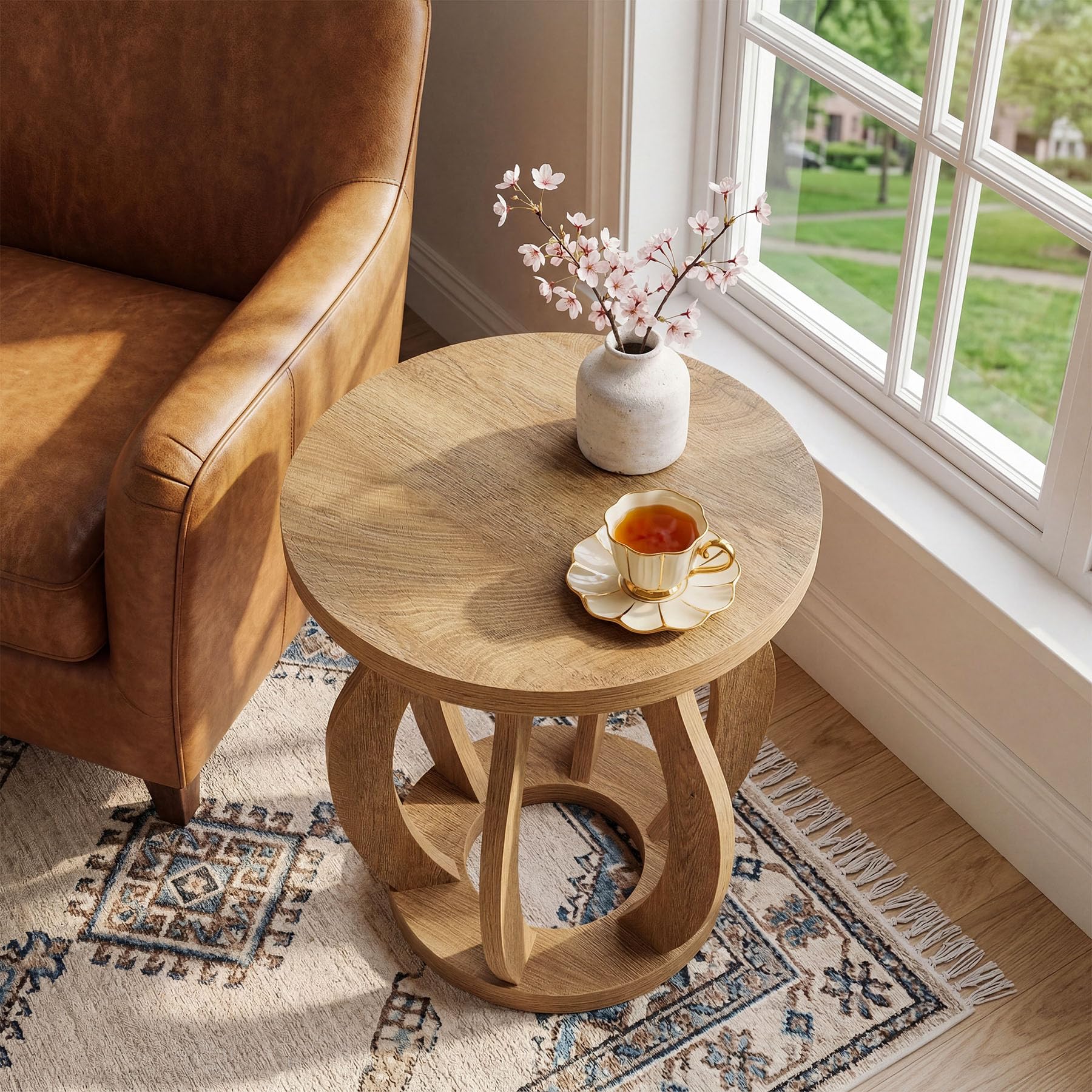 Tribesigns Round End Side Table: Farmhouse Wooden Side Table for Living Room, Bedside Nightstand with Curved Frame, Accent Nightstand for Bedroom, Small Spaces, Brown(1PC) - Image 9