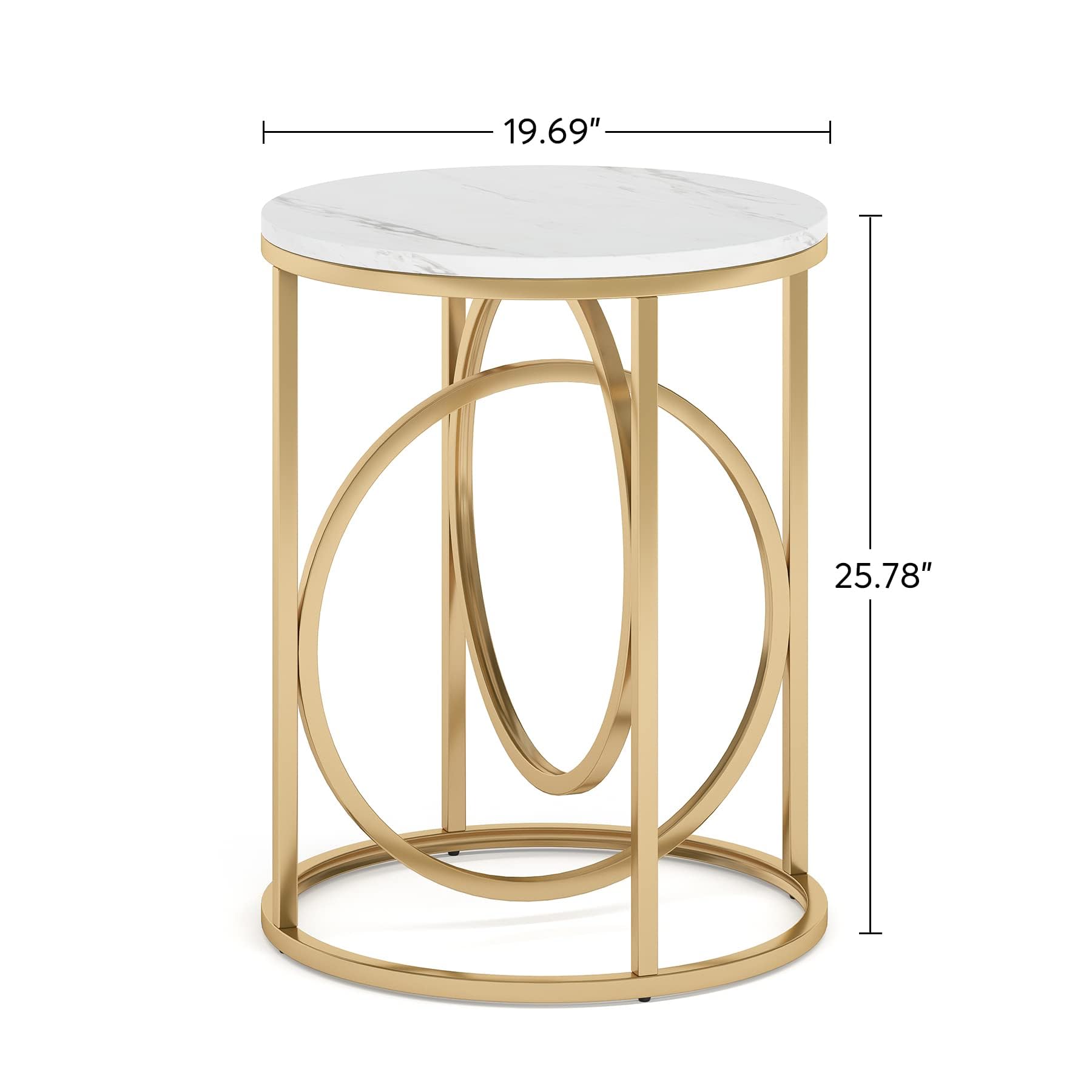 Tribesigns Round End Table, 20" Modern Sofa Side Table with Gold Base, Faux Marble Accent Table Bedside Table Nightstand for Living Room, Bedroom, White and Gold - Image 3