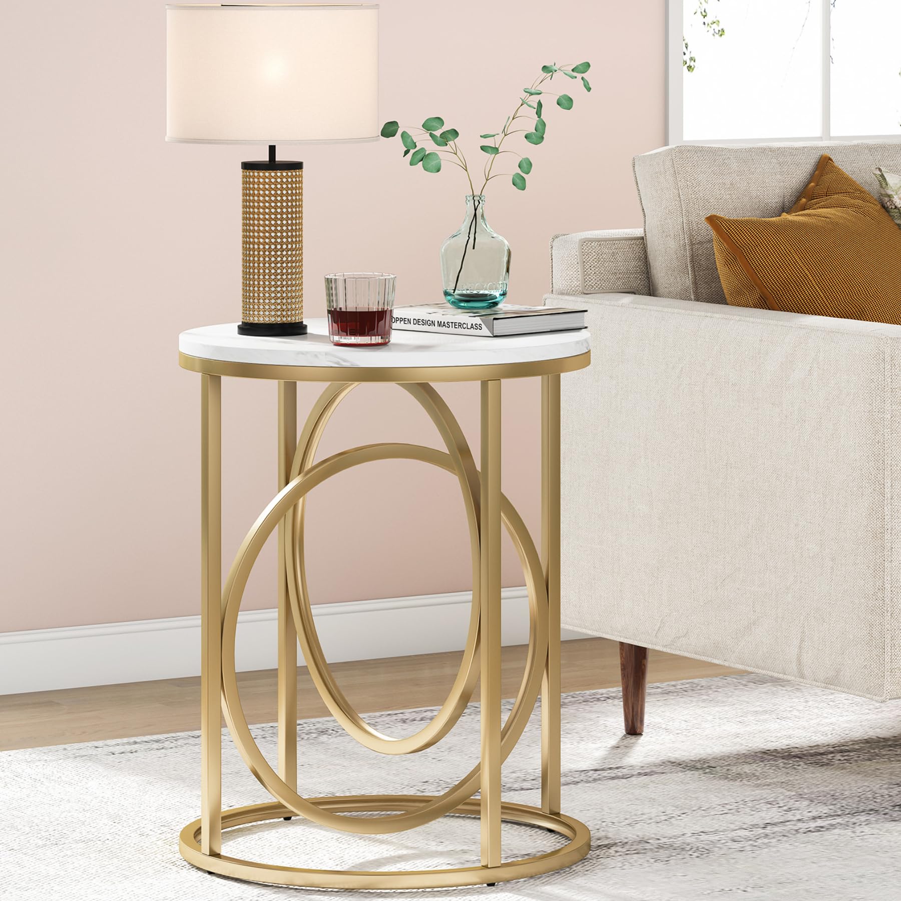 Tribesigns Round End Table, 20" Modern Sofa Side Table with Gold Base, Faux Marble Accent Table Bedside Table Nightstand for Living Room, Bedroom, White and Gold - Image 7
