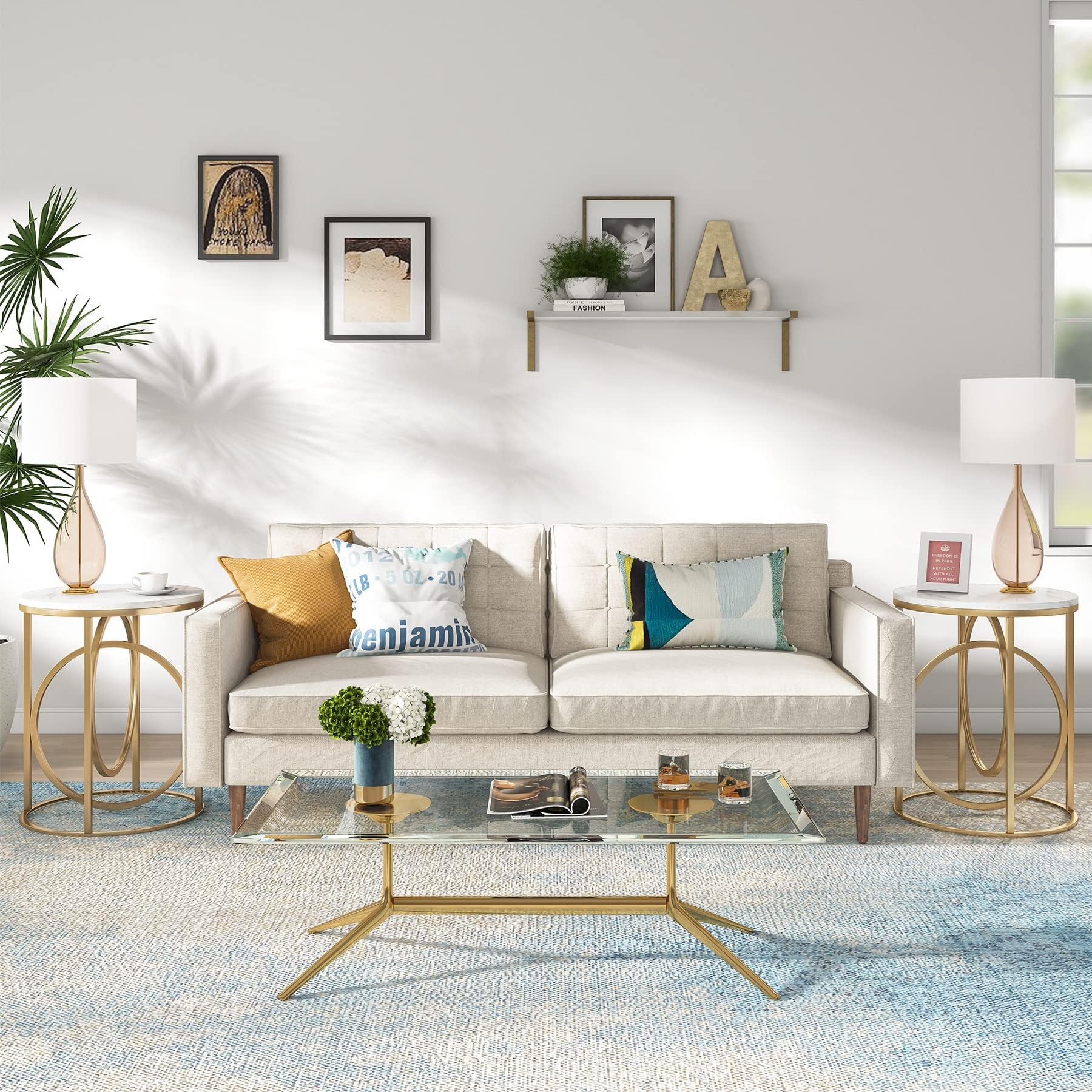 Tribesigns Round End Table, 20" Modern Sofa Side Table with Gold Base, Faux Marble Accent Table Bedside Table Nightstand for Living Room, Bedroom, White and Gold - Image 8