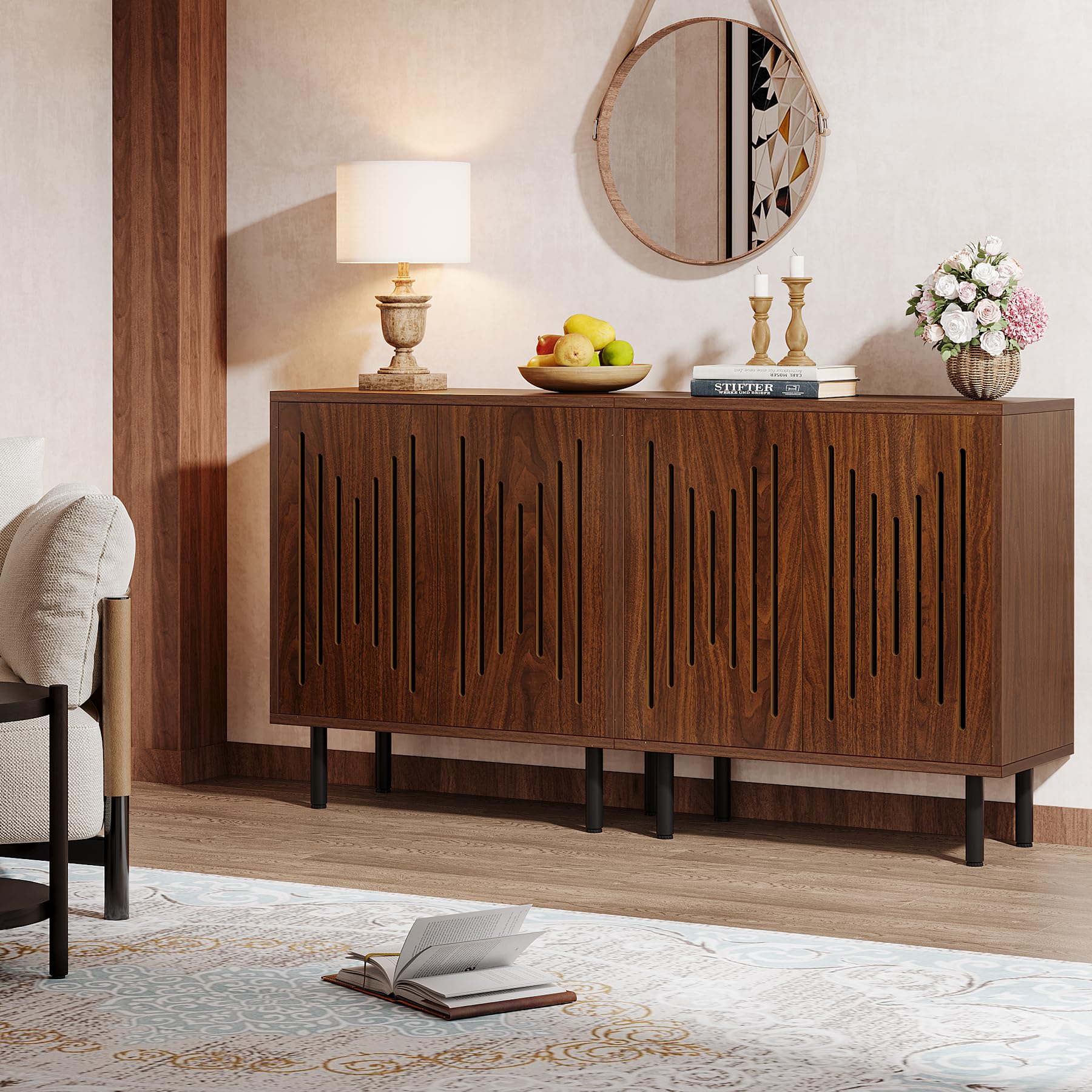 Tribesigns Set of 2 Sideboard Buffet with Storage, 59" Buffet Sideboard Cabinet with Adjustable Shelves, Accent Storage Cabinet for Living Room, Dark Brown - Image 6