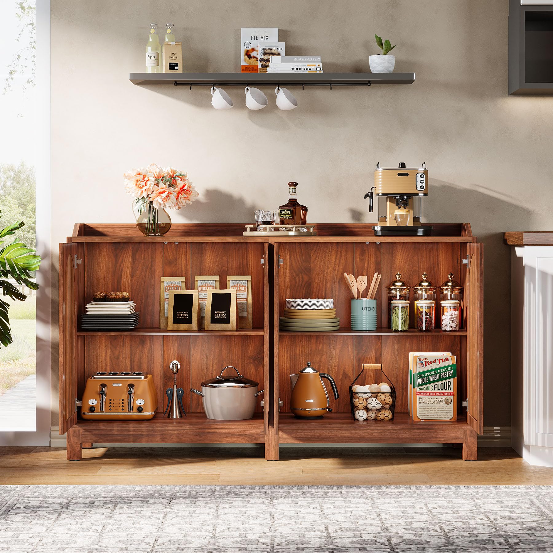 Tribesigns Sideboard Buffet Cabinet, 57" Farmhouse Storage Cabinet with Shutter Doors and Adjustable Shelf, Freestanding Kitchen Cabinet TV Stand for Dining Room, Living Room, Kitchen - Image 6