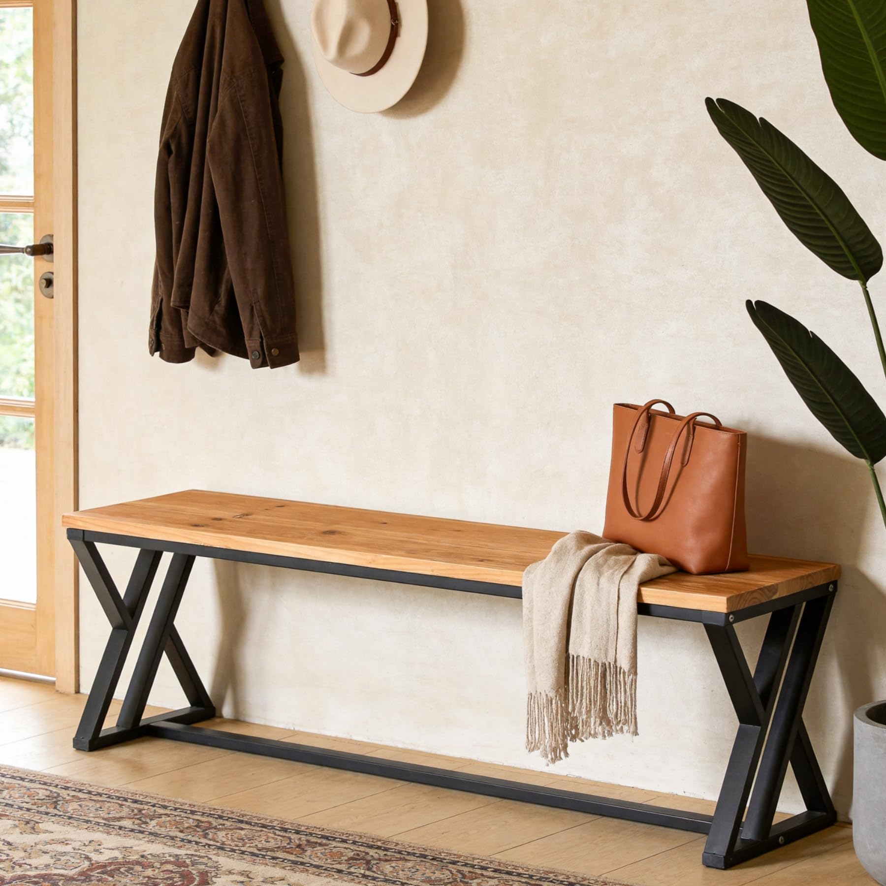 Tribesigns Solid Wood Entryway Bench, 55-Inch Long Shoe Bench with Metal Legs, Industrial End of Bed Stool for Bedroom, Dining Bench for Kitchen, Living Room - Image 3