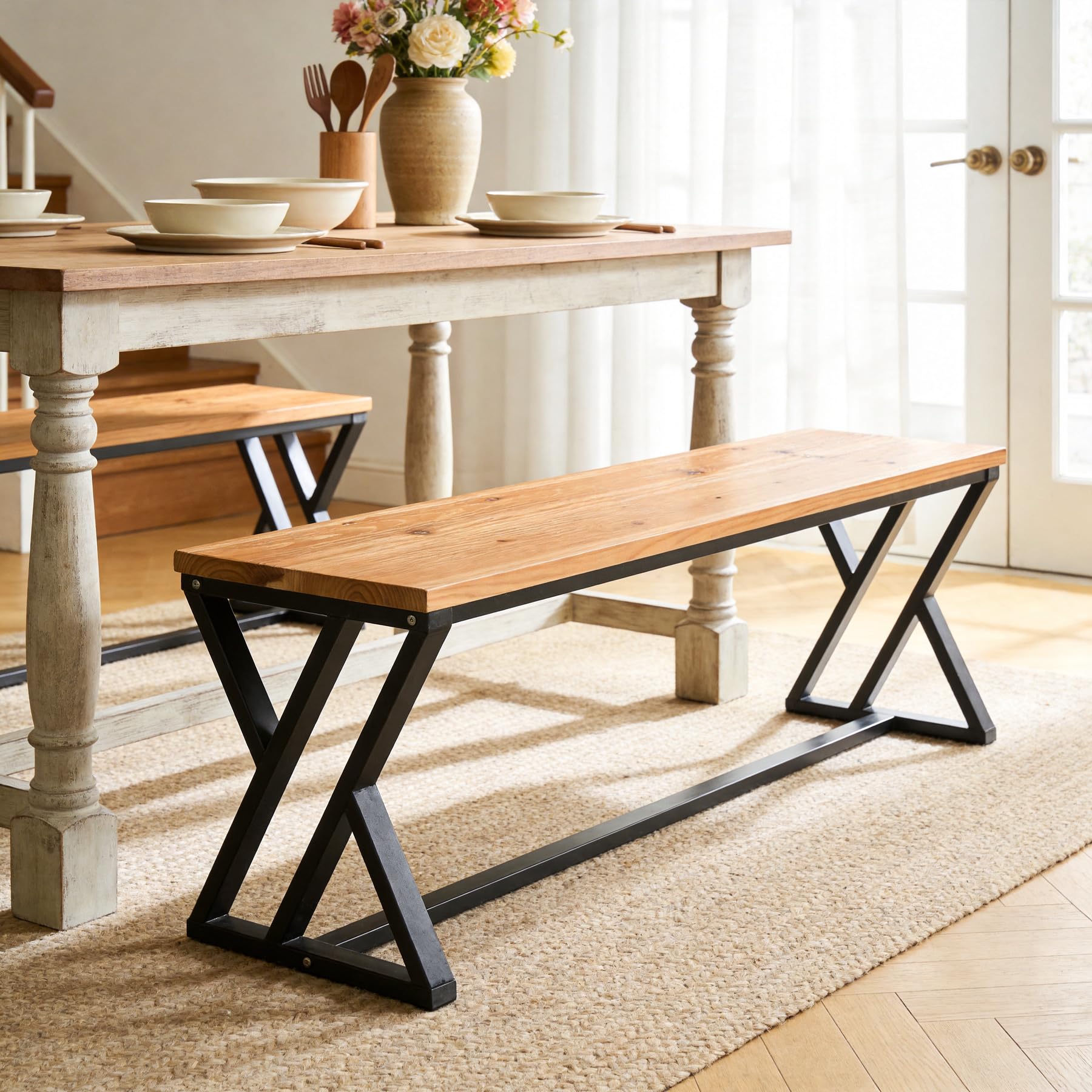 Tribesigns Solid Wood Entryway Bench, 55-Inch Long Shoe Bench with Metal Legs, Industrial End of Bed Stool for Bedroom, Dining Bench for Kitchen, Living Room - Image 4