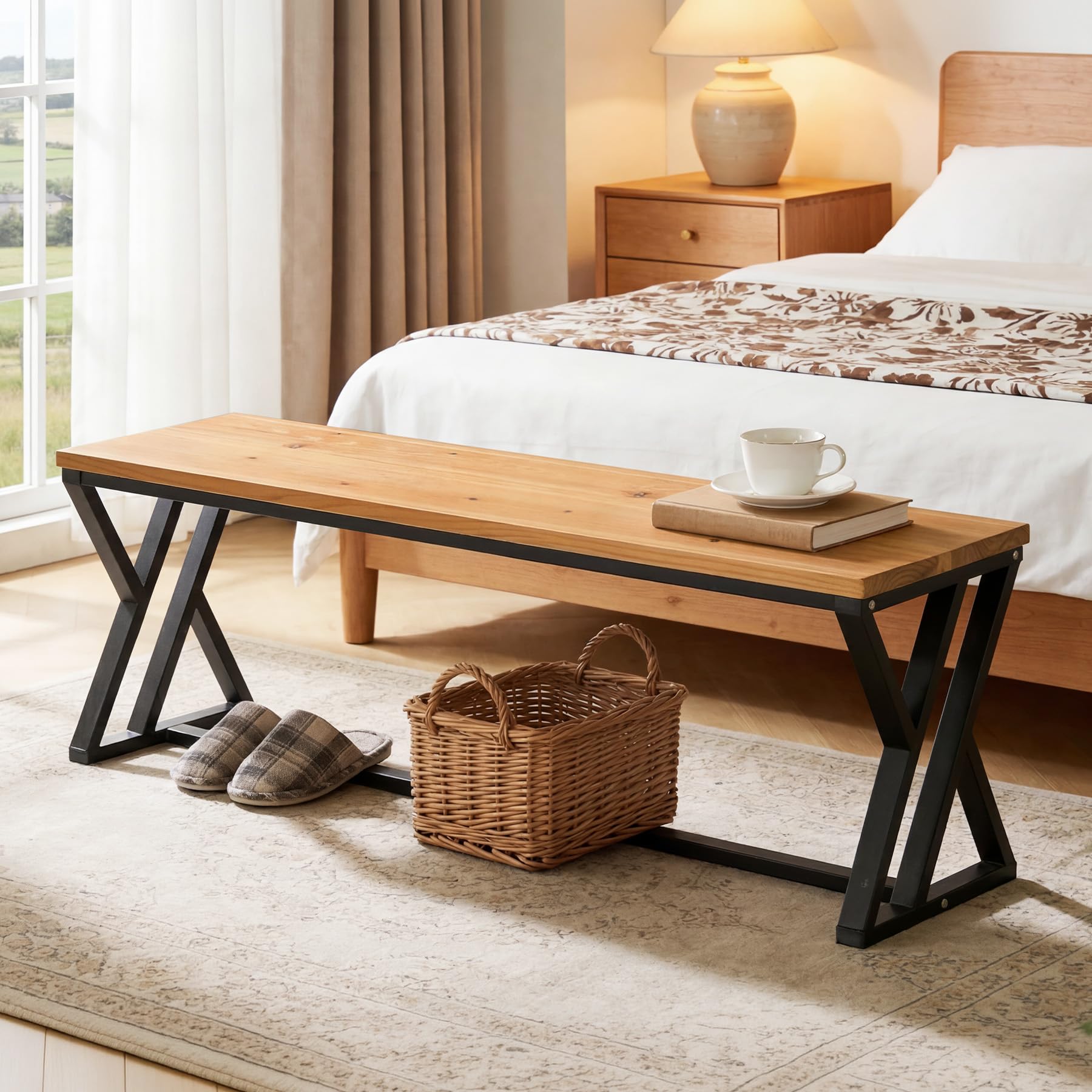 Tribesigns Solid Wood Entryway Bench, 55-Inch Long Shoe Bench with Metal Legs, Industrial End of Bed Stool for Bedroom, Dining Bench for Kitchen, Living Room - Image 7