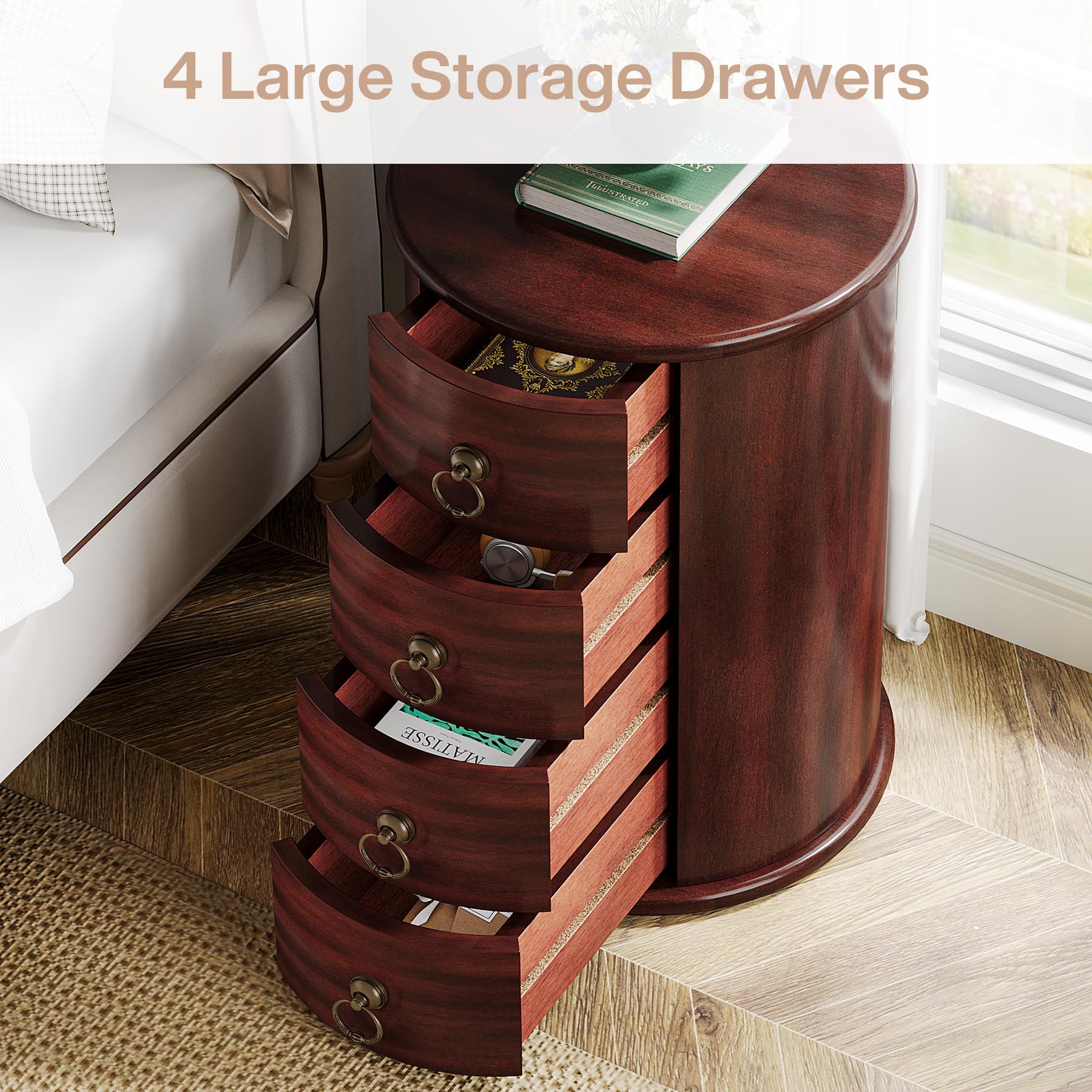 Tribesigns Solid Wood Nightstand, Round Night Stand with 4 Drawers, Rustic Bedside Table Tall Nightstand for Bedroom, Living Room, No Assembly Required (1) - Image 3