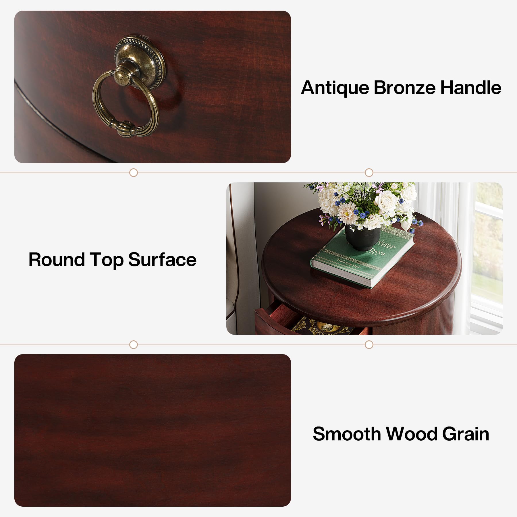 Tribesigns Solid Wood Nightstand, Round Night Stand with 4 Drawers, Rustic Bedside Table Tall Nightstand for Bedroom, Living Room, No Assembly Required (1) - Image 7