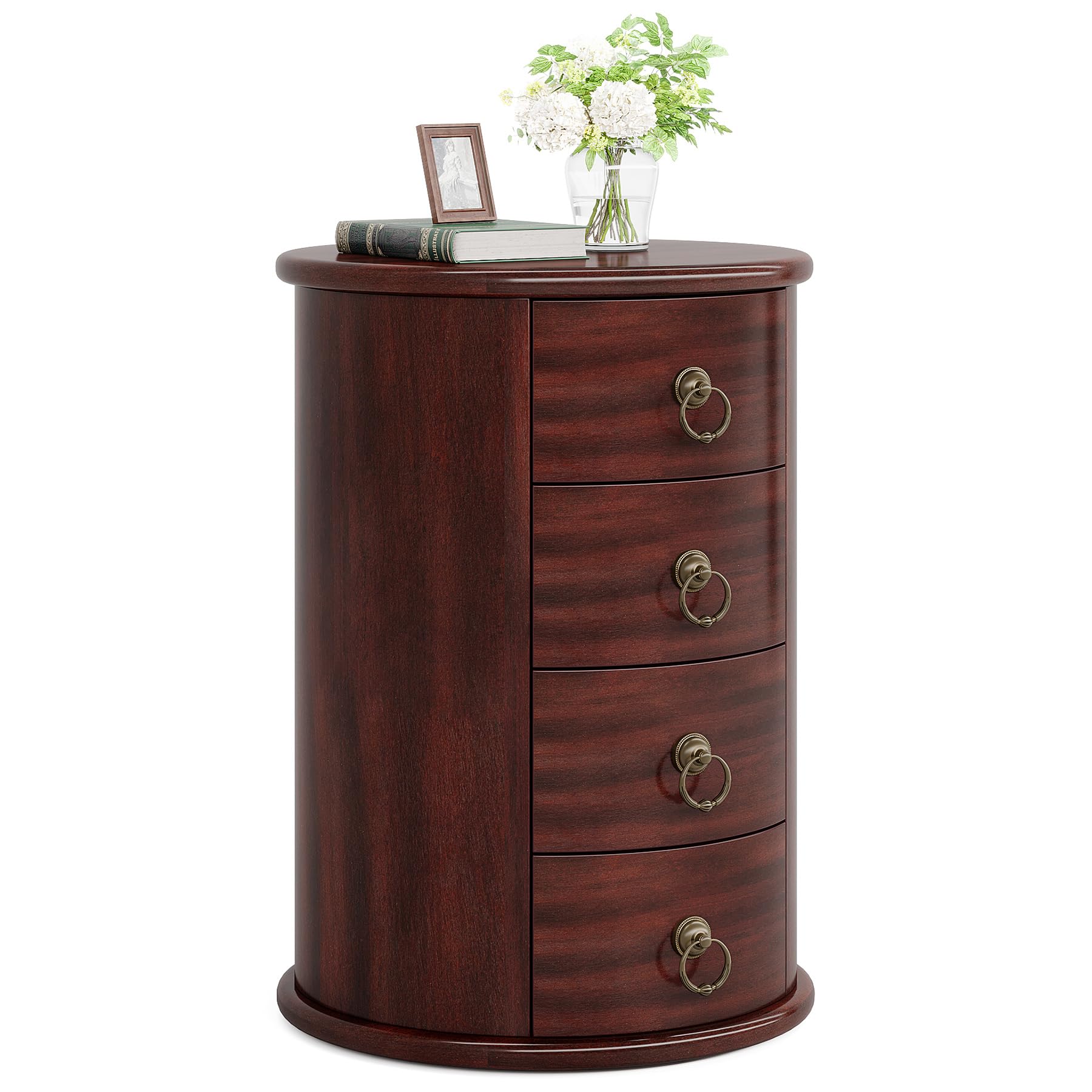 Tribesigns Solid Wood Nightstand, Round Night Stand with 4 Drawers, Rustic Bedside Table Tall Nightstand for Bedroom, Living Room, No Assembly Required (1) - Image 8