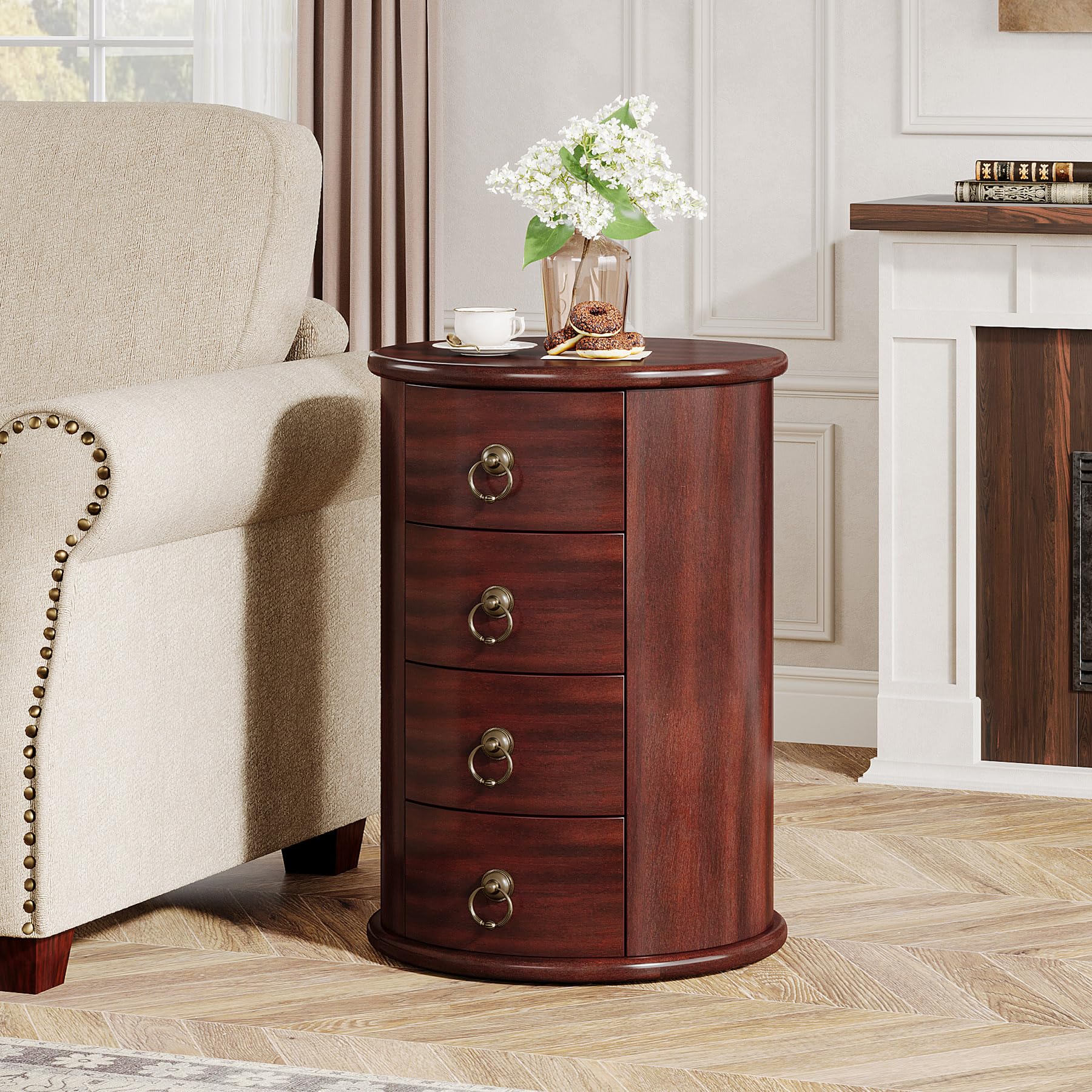 Tribesigns Solid Wood Nightstand, Round Night Stand with 4 Drawers, Rustic Bedside Table Tall Nightstand for Bedroom, Living Room, No Assembly Required (1) - Image 9