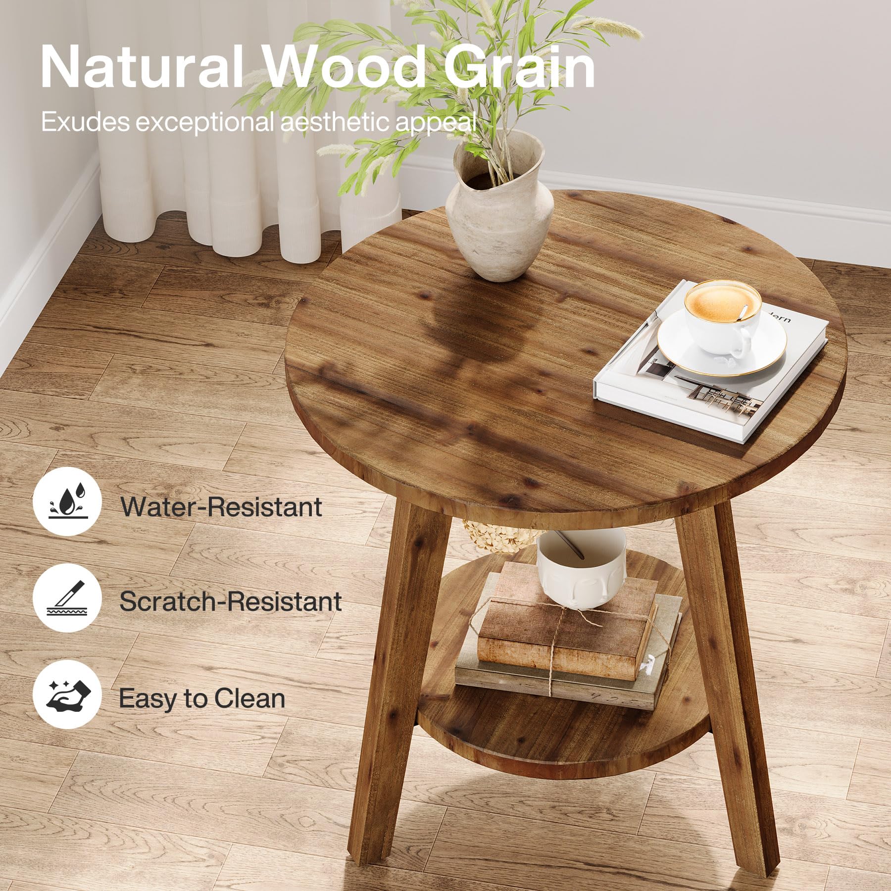 TRIBEWOOD Solid Wood Round End Table, Sofa Side Table with Storage Shelf, Farmhouse Nightstand for Living Room, Bedroom, Easy Assembly (1) - Image 5