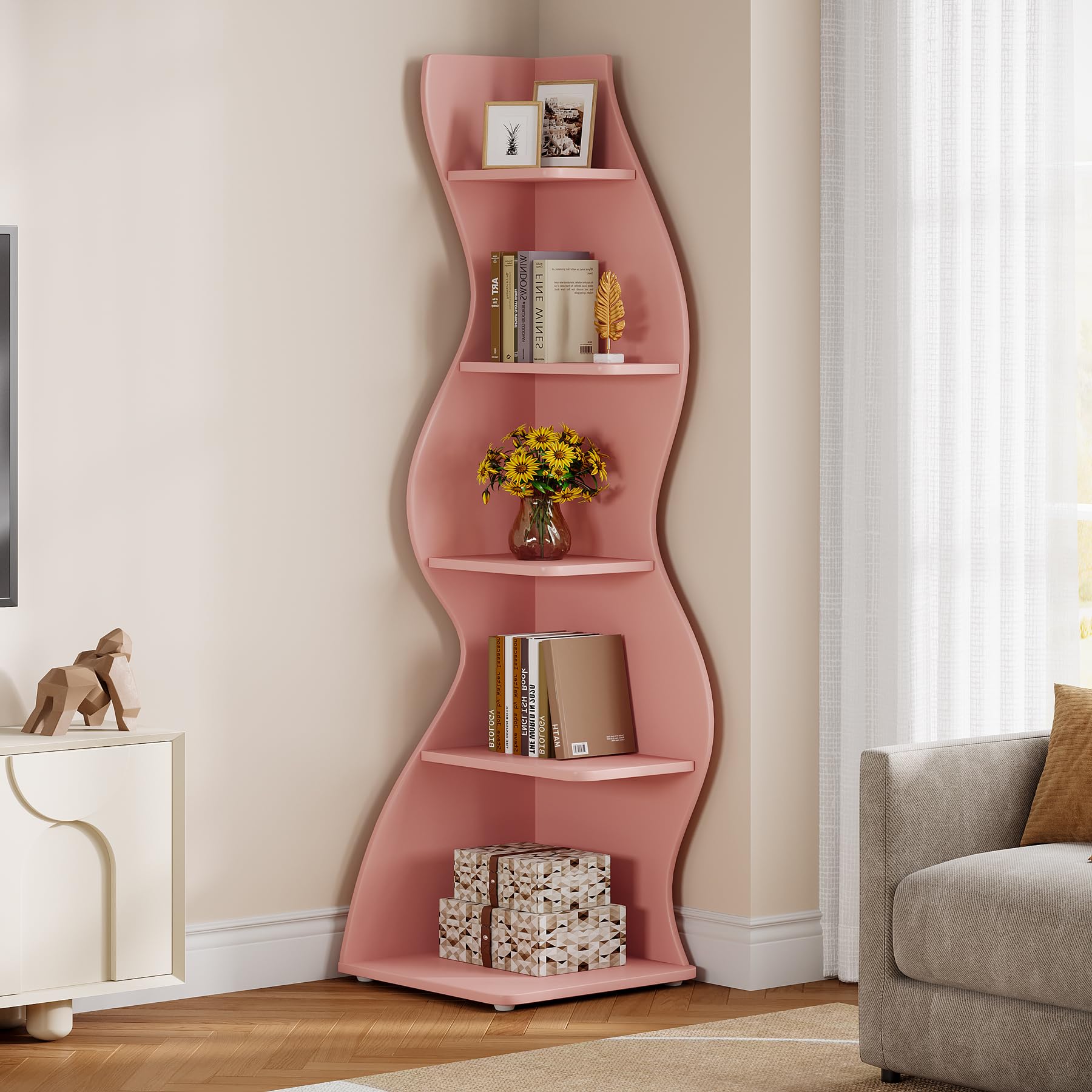 Tribesigns Wavy Corner Shelf, Modern 5-Tier Bookshelf Bookcase with Curvy Shape, Unique Plant Stand Display Rack for Living Room Small Space (Pink) - Image 3