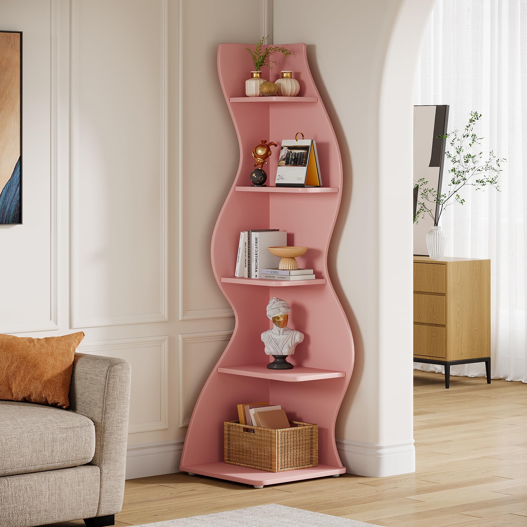 Tribesigns Wavy Corner Shelf, Modern 5-Tier Bookshelf Bookcase with Curvy Shape, Unique Plant Stand Display Rack for Living Room Small Space (Pink) - Image 4