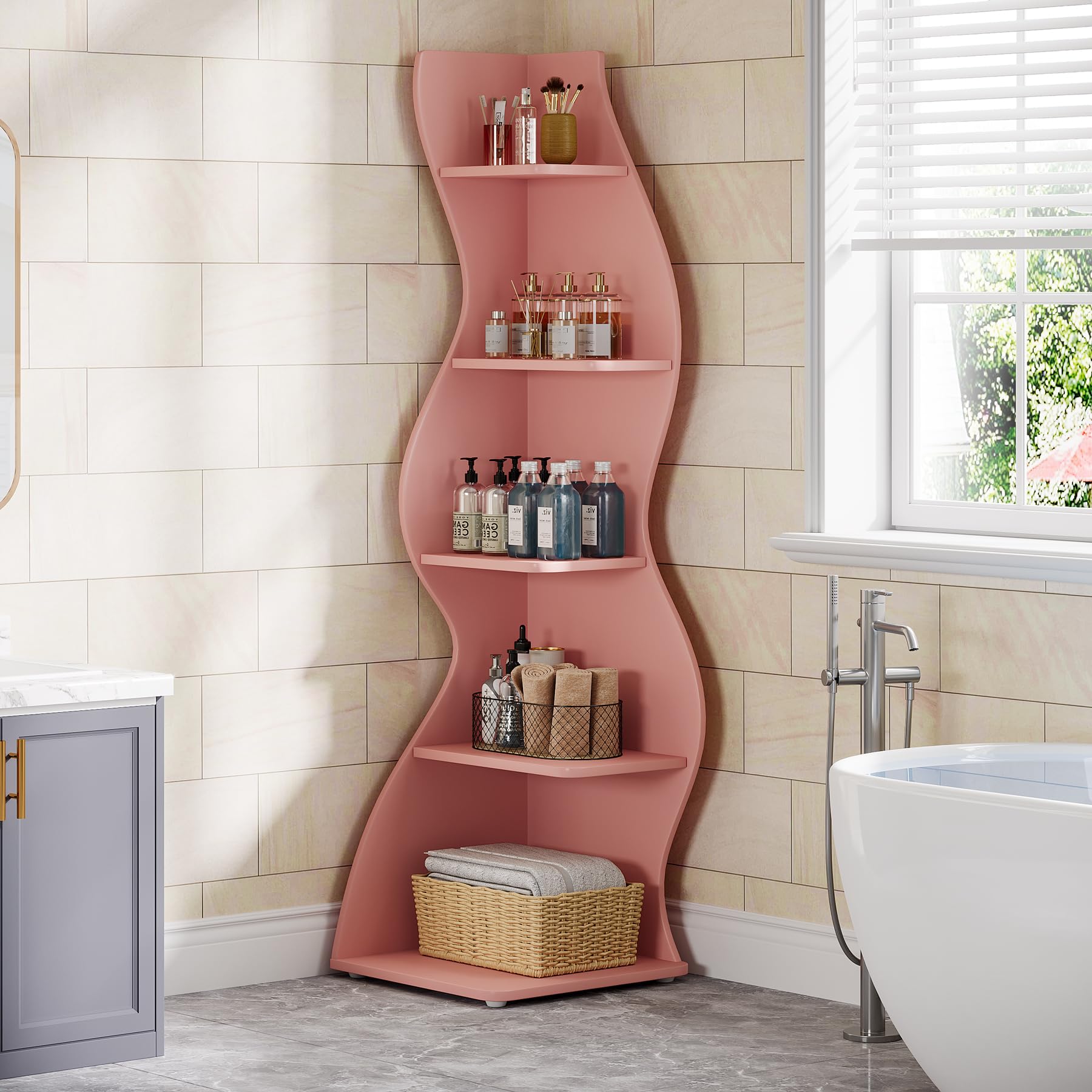Tribesigns Wavy Corner Shelf, Modern 5-Tier Bookshelf Bookcase with Curvy Shape, Unique Plant Stand Display Rack for Living Room Small Space (Pink) - Image 5