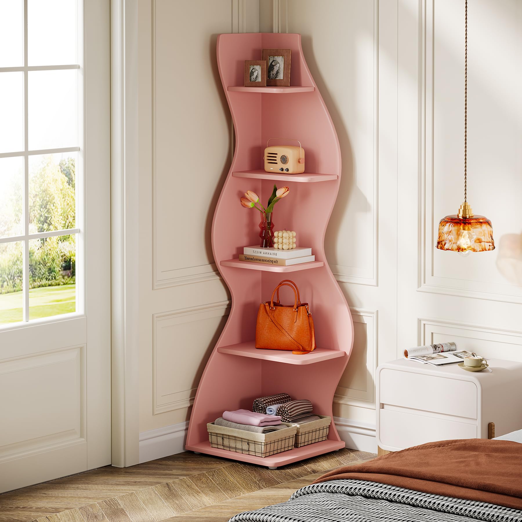 Tribesigns Wavy Corner Shelf, Modern 5-Tier Bookshelf Bookcase with Curvy Shape, Unique Plant Stand Display Rack for Living Room Small Space (Pink) - Image 6