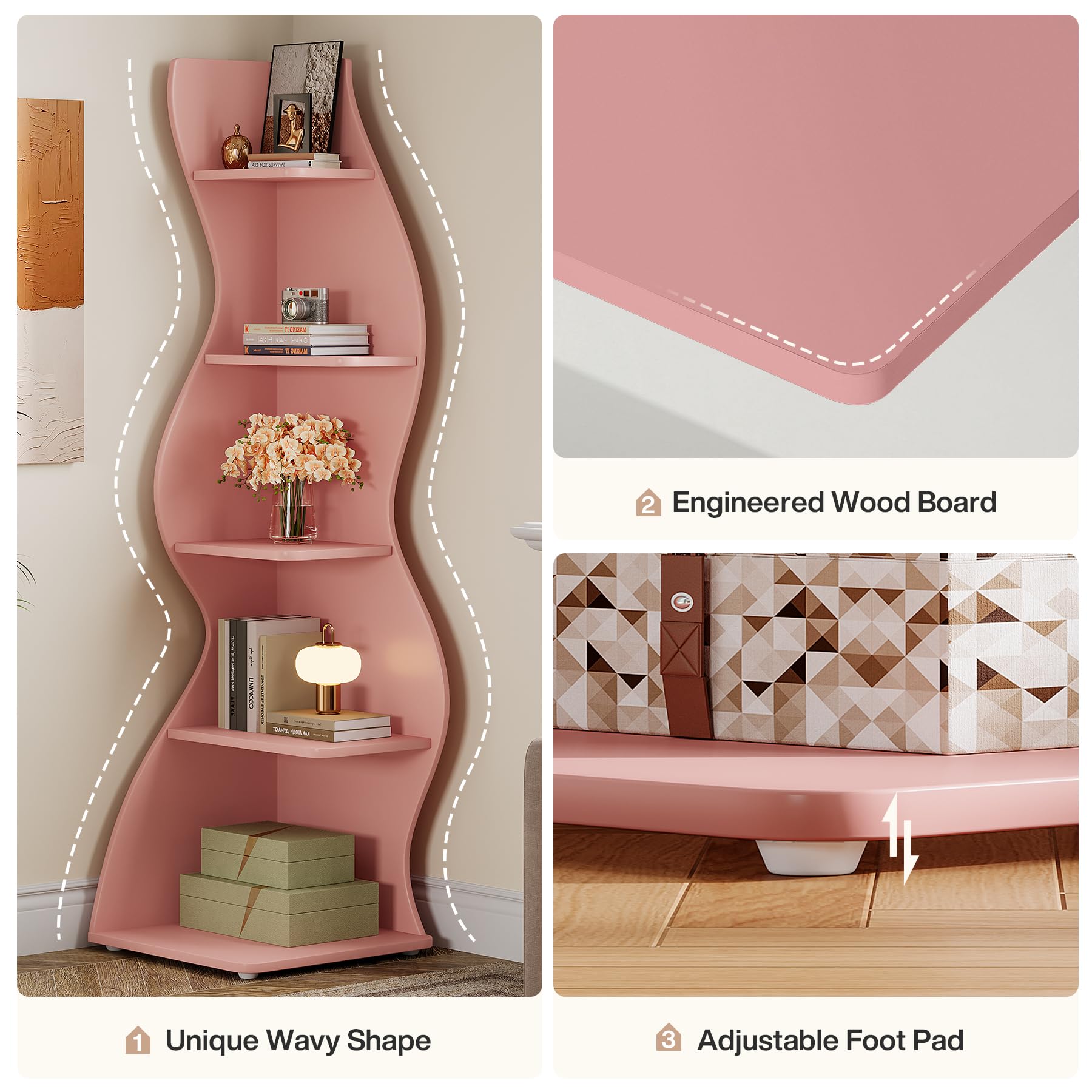 Tribesigns Wavy Corner Shelf, Modern 5-Tier Bookshelf Bookcase with Curvy Shape, Unique Plant Stand Display Rack for Living Room Small Space (Pink) - Image 7