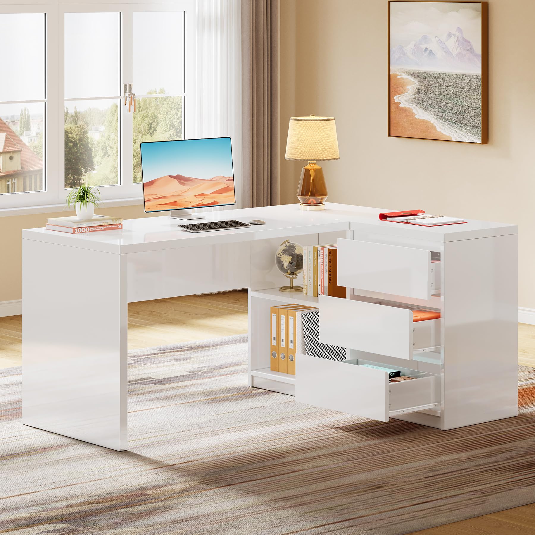 Tribesigns White L-Shaped Computer Desk with 3 Drawers, 55-Inch Modern Gloss Corner Home Office Executive Desk with LED Lights and 2 Storage Shelves for Work Study Writing - Image 4