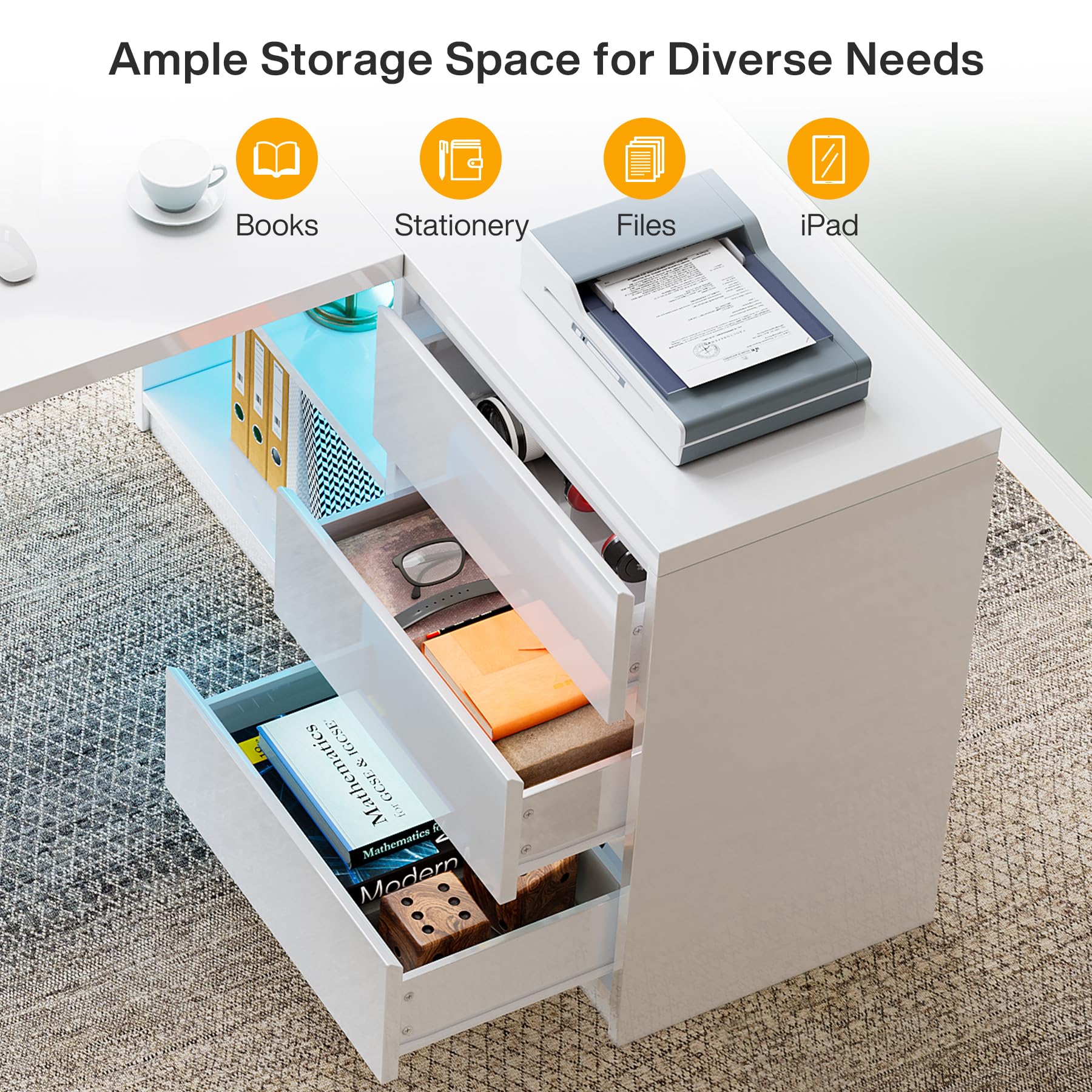 Tribesigns White L-Shaped Computer Desk with 3 Drawers, 55-Inch Modern Gloss Corner Home Office Executive Desk with LED Lights and 2 Storage Shelves for Work Study Writing - Image 5