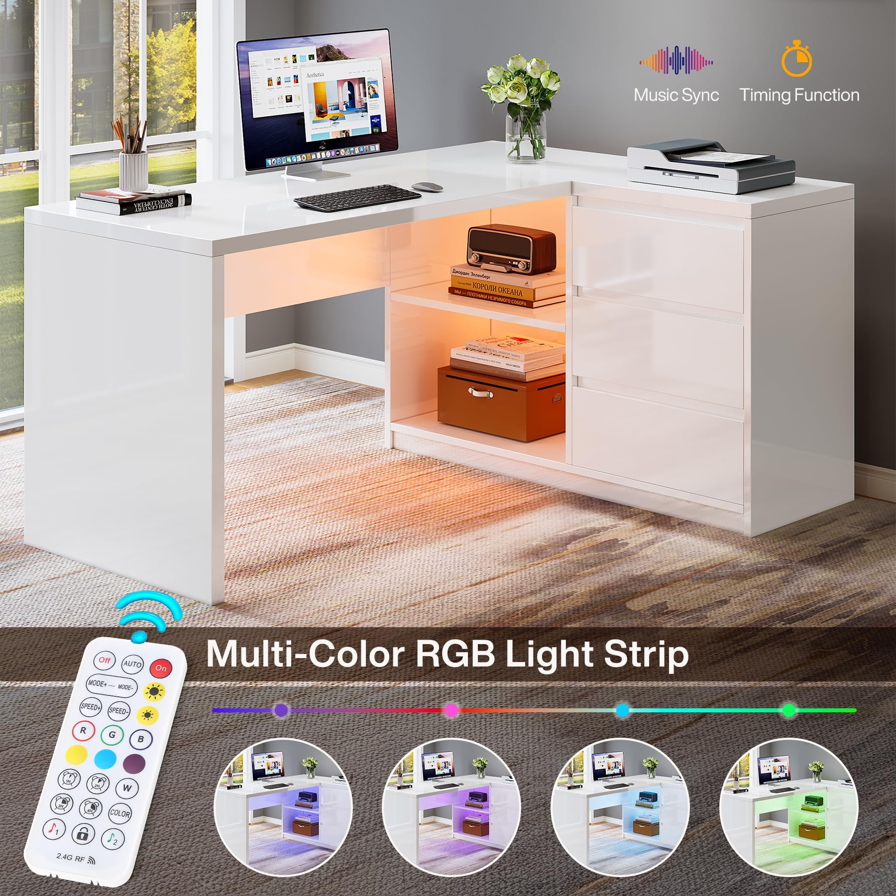 Tribesigns White L-Shaped Computer Desk with 3 Drawers, 55-Inch Modern Gloss Corner Home Office Executive Desk with LED Lights and 2 Storage Shelves for Work Study Writing - Image 6